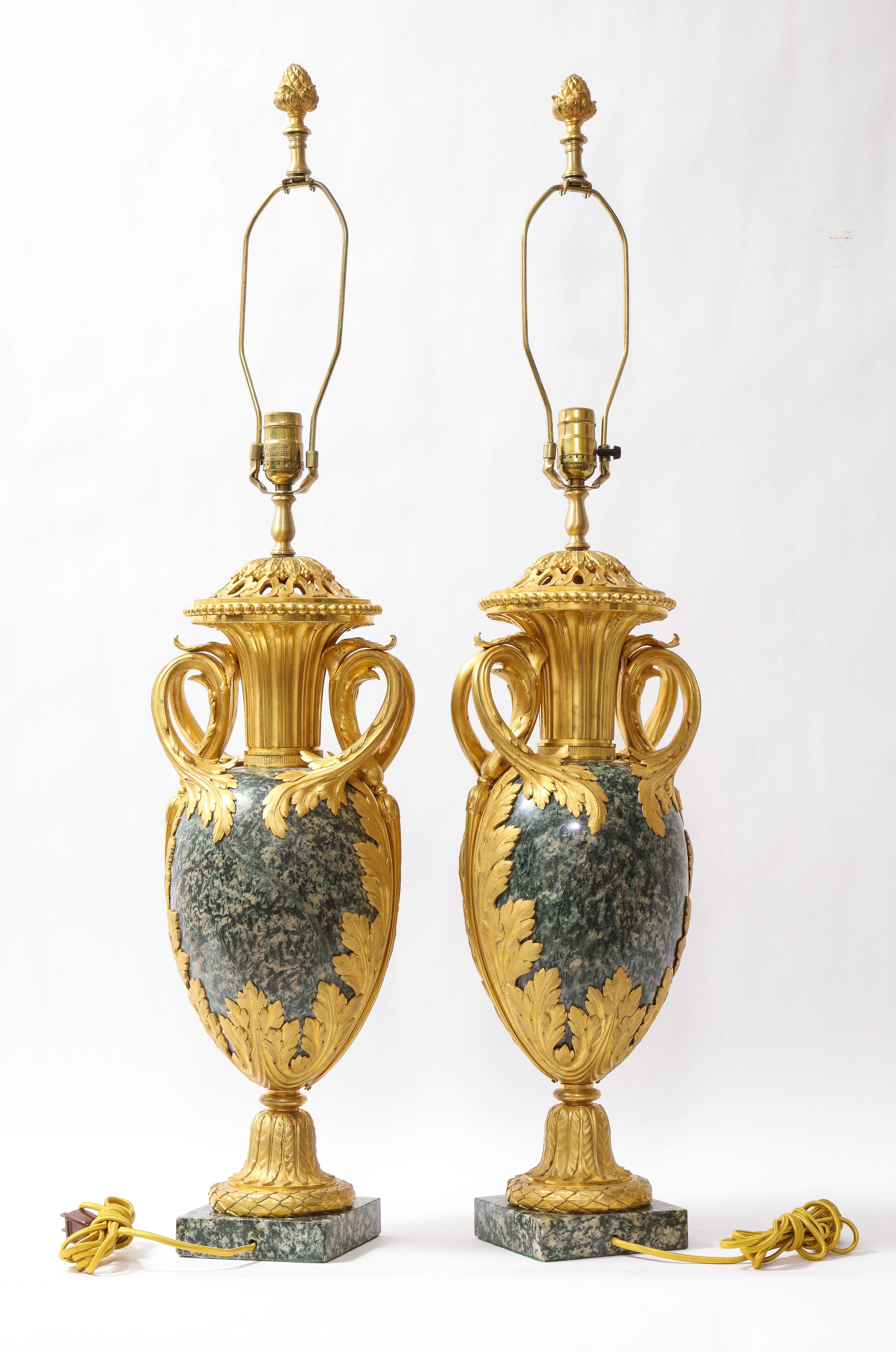 Late 19th Century Pr French 19th C. Dore Bronze Mntd Green Marble/Porphyry Lamps, Att. H. Dasson For Sale