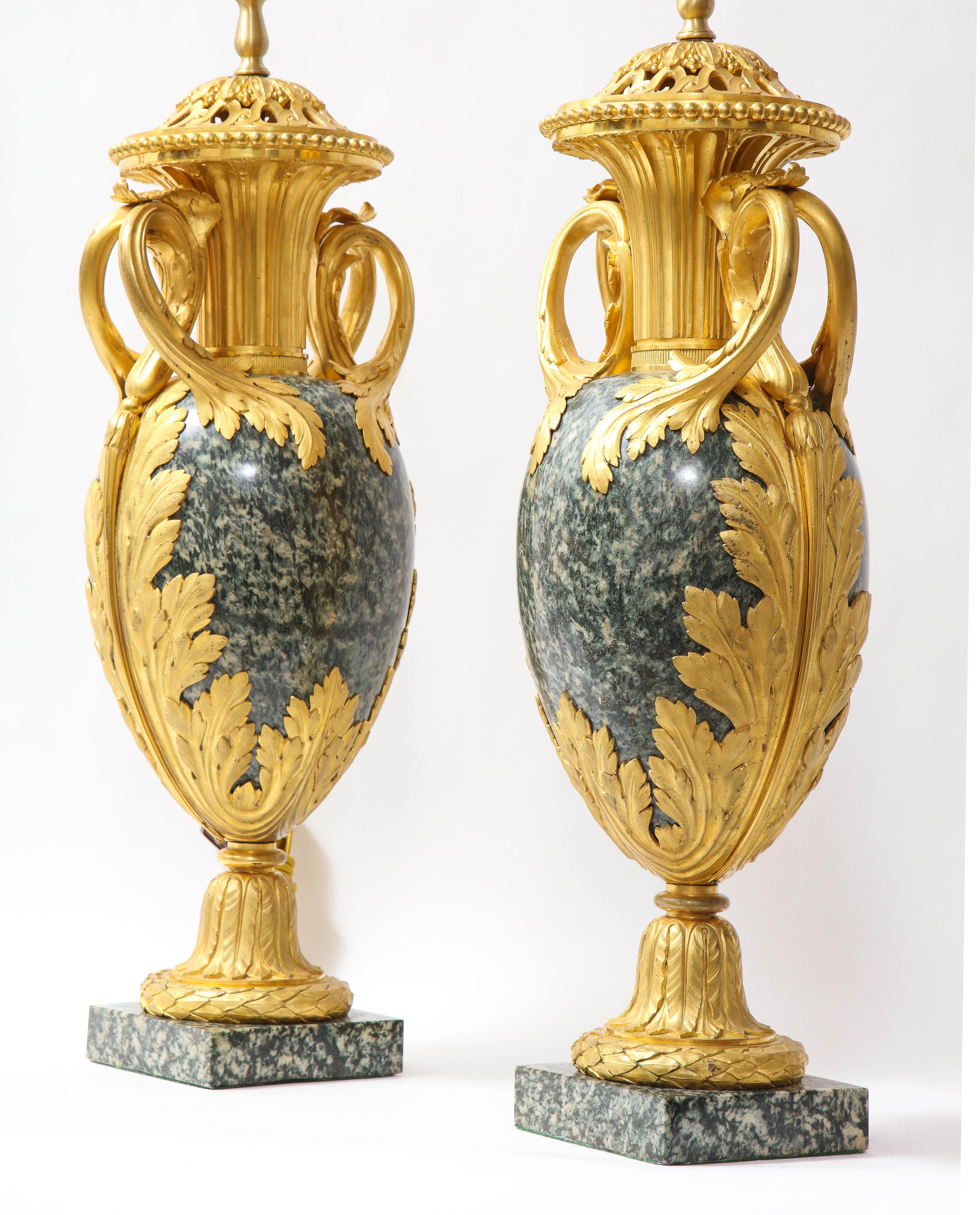 Pr French 19th C. Dore Bronze Mntd Green Marble/Porphyry Lamps, Att. H. Dasson For Sale 1