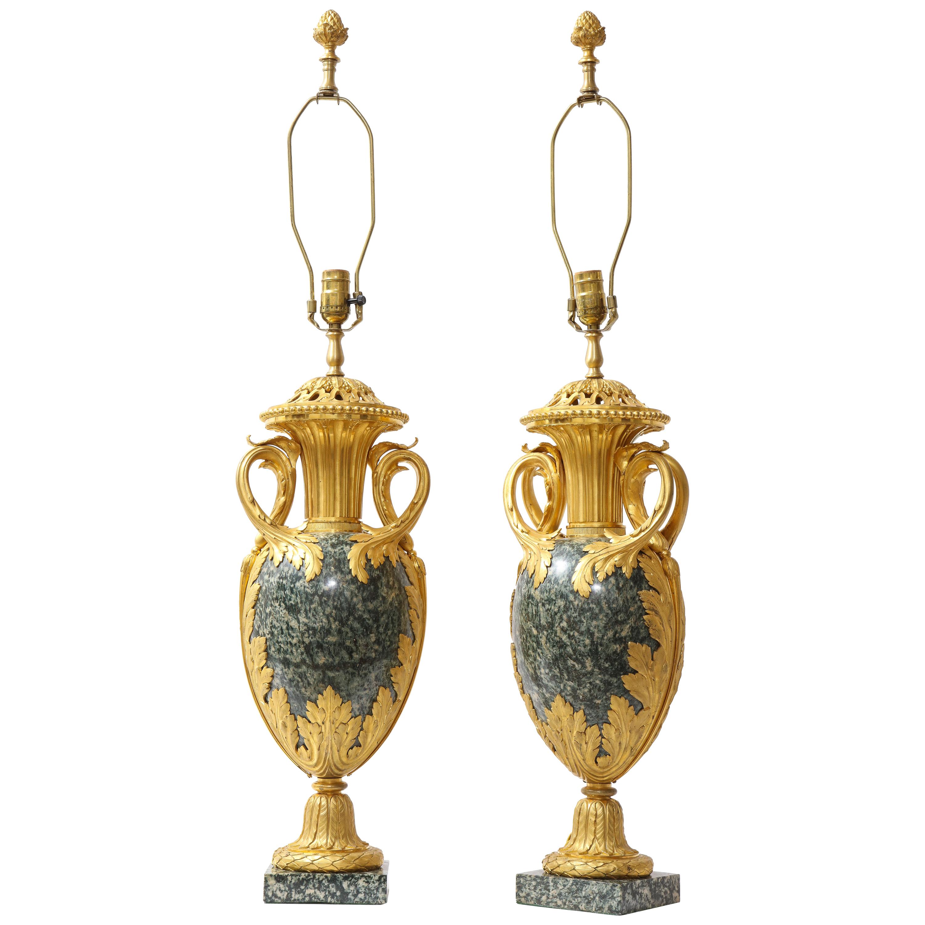 Pr French 19th C. Dore Bronze Mntd Green Marble/Porphyry Lamps, Att. H. Dasson For Sale