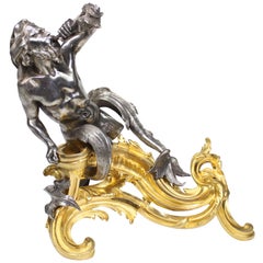 Pr. French 19th C. Louis XV Style Triton Silvered &Gilt-Bronze Andirons Chenets