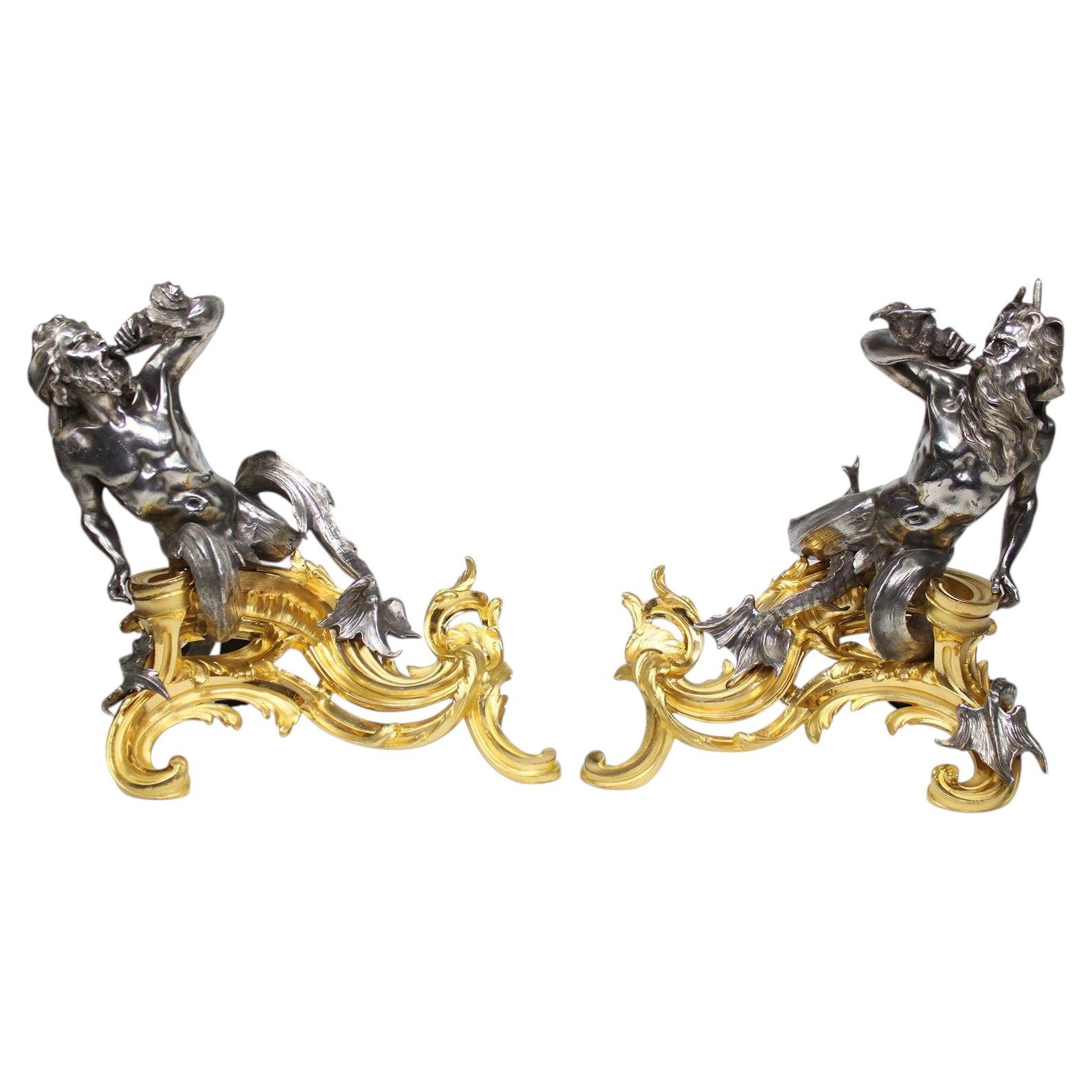 Pr. French 19th C. Louis XV Style Triton Silvered &Gilt-Bronze Andirons Chenets