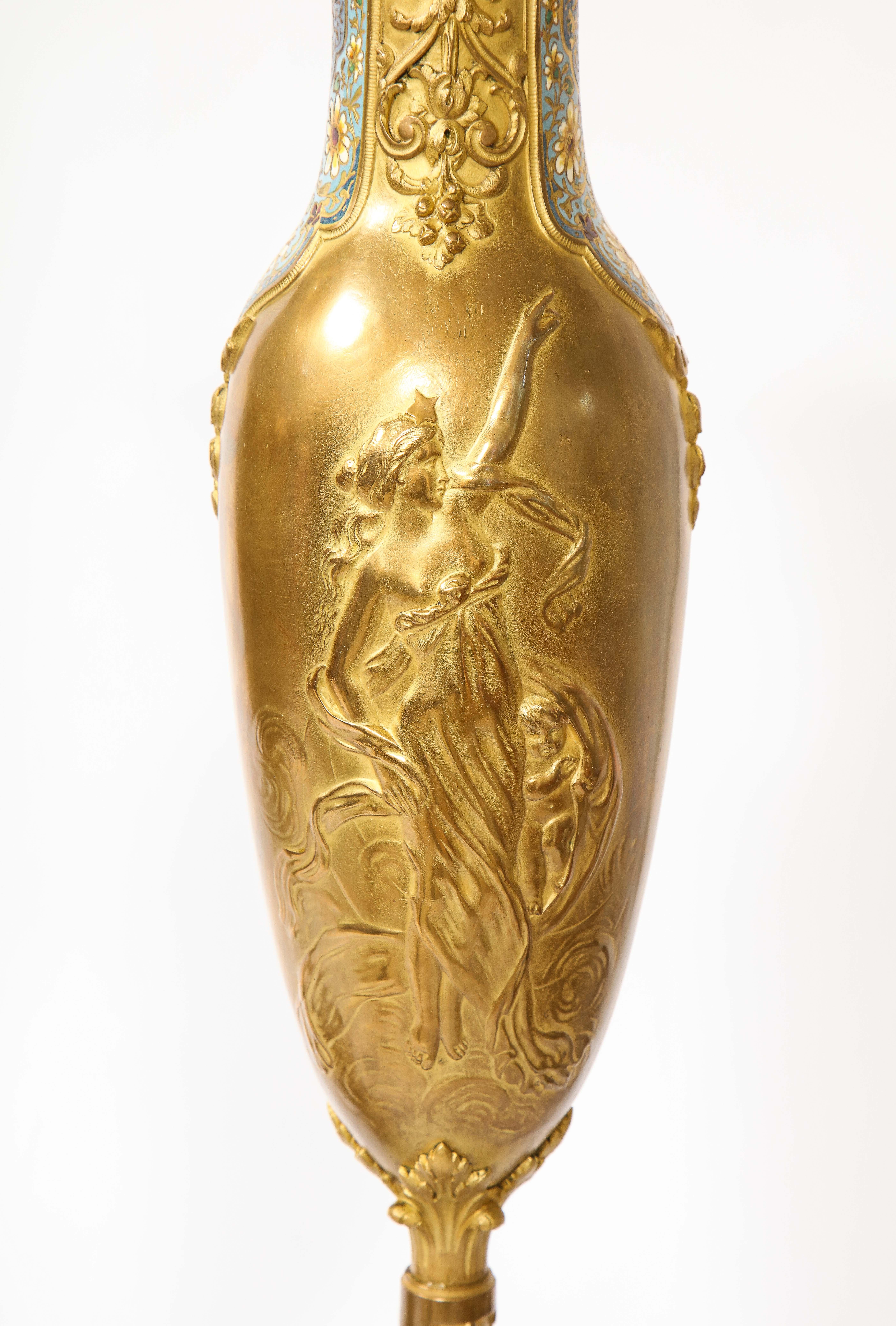 Pr. French 19th C. Louis XVI Style Dore Bronze Enamel & Marble Mtd. Vases For Sale 6