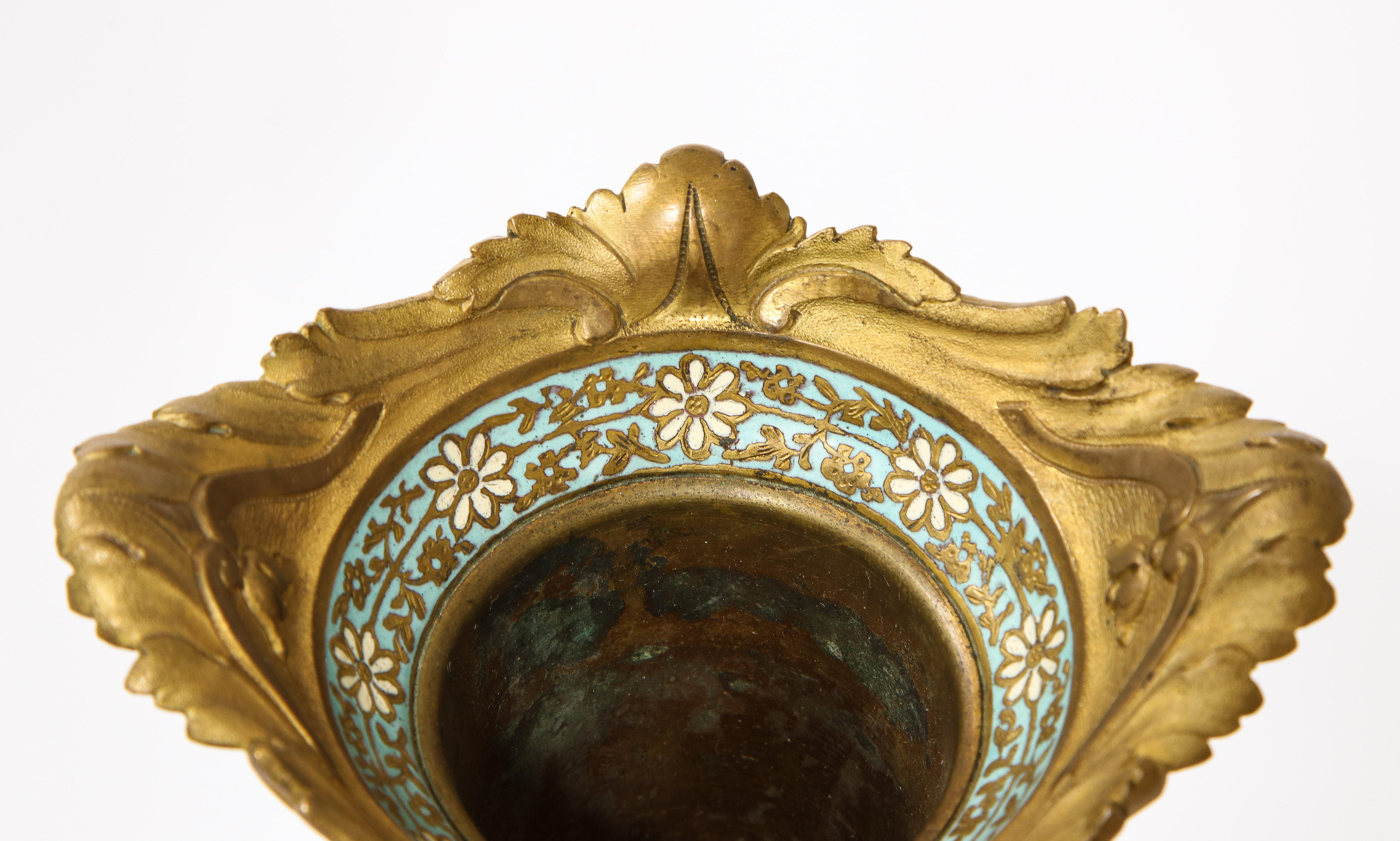 Pr. French 19th C. Louis XVI Style Dore Bronze Enamel & Marble Mtd. Vases For Sale 8
