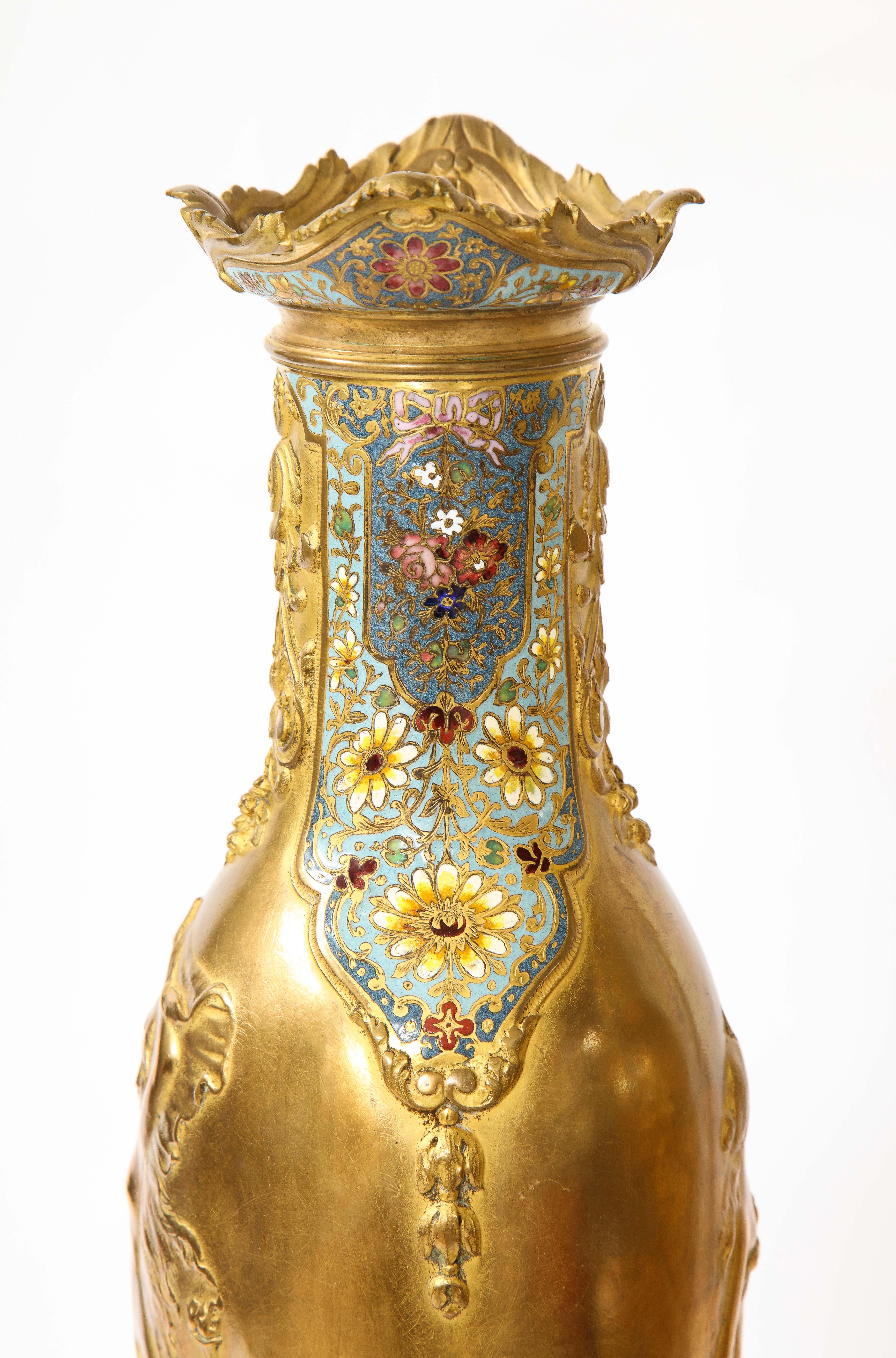 Pr. French 19th C. Louis XVI Style Dore Bronze Enamel & Marble Mtd. Vases For Sale 9