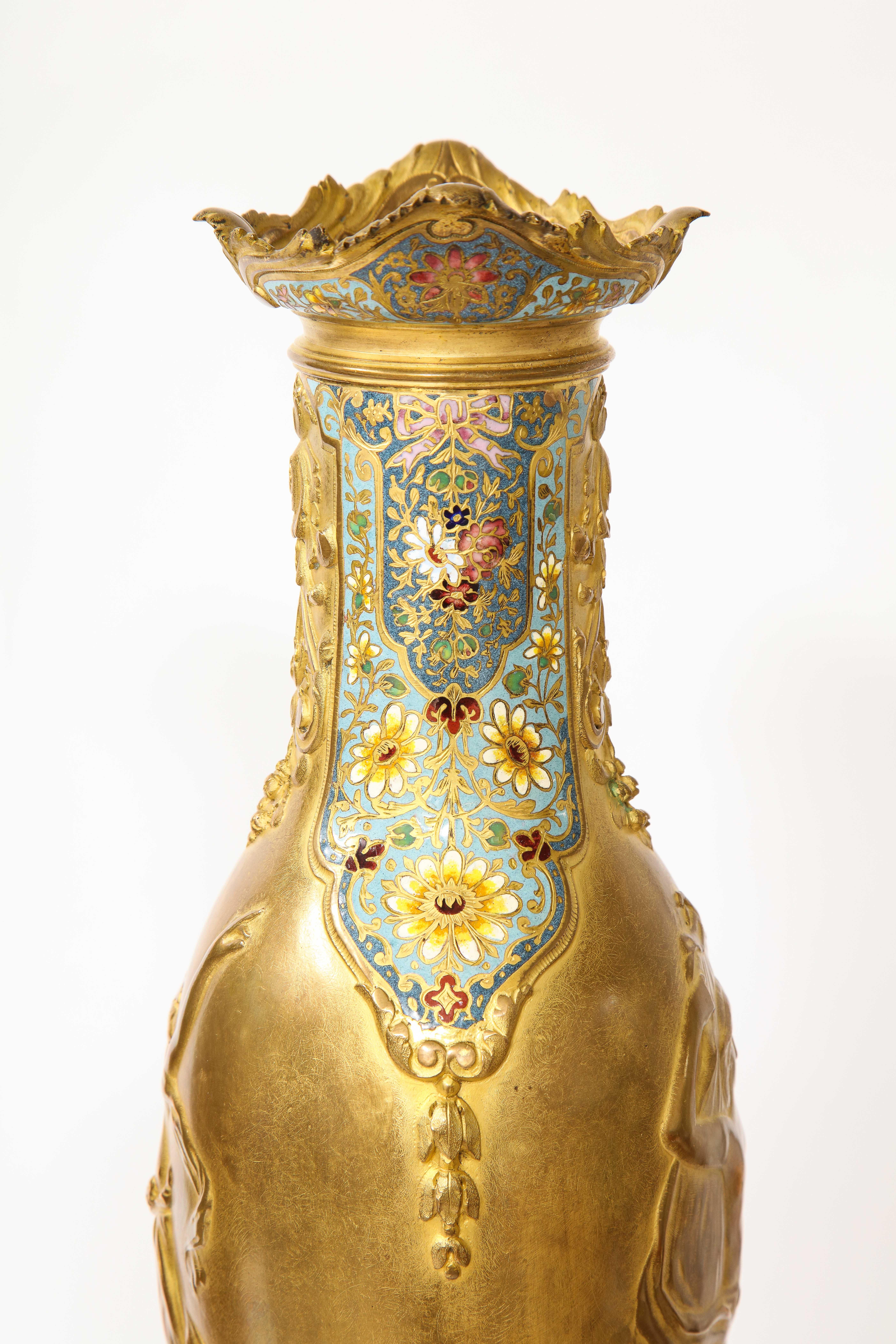 Pr. French 19th C. Louis XVI Style Dore Bronze Enamel & Marble Mtd. Vases For Sale 10