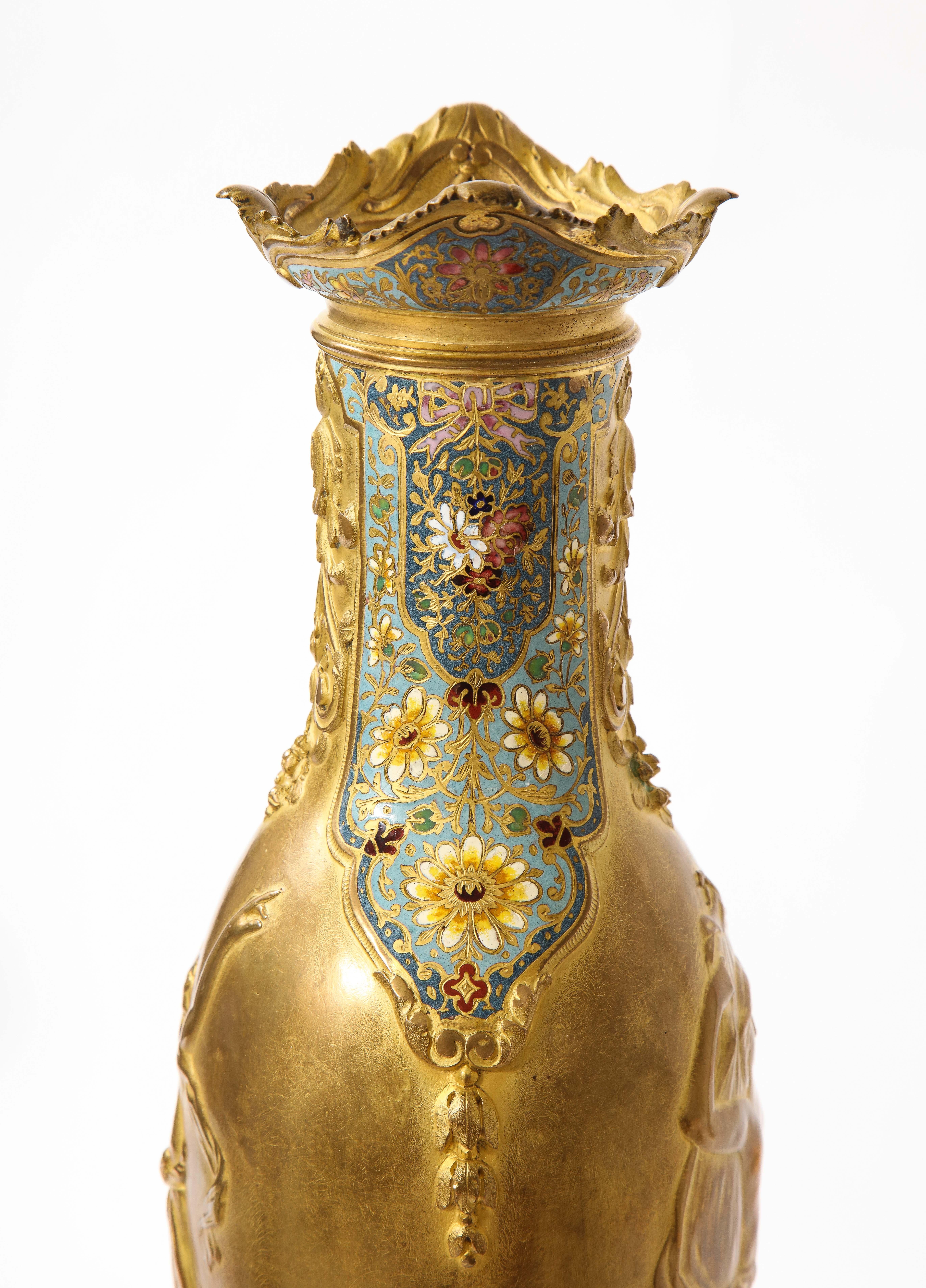 Pr. French 19th C. Louis XVI Style Dore Bronze Enamel & Marble Mtd. Vases For Sale 11
