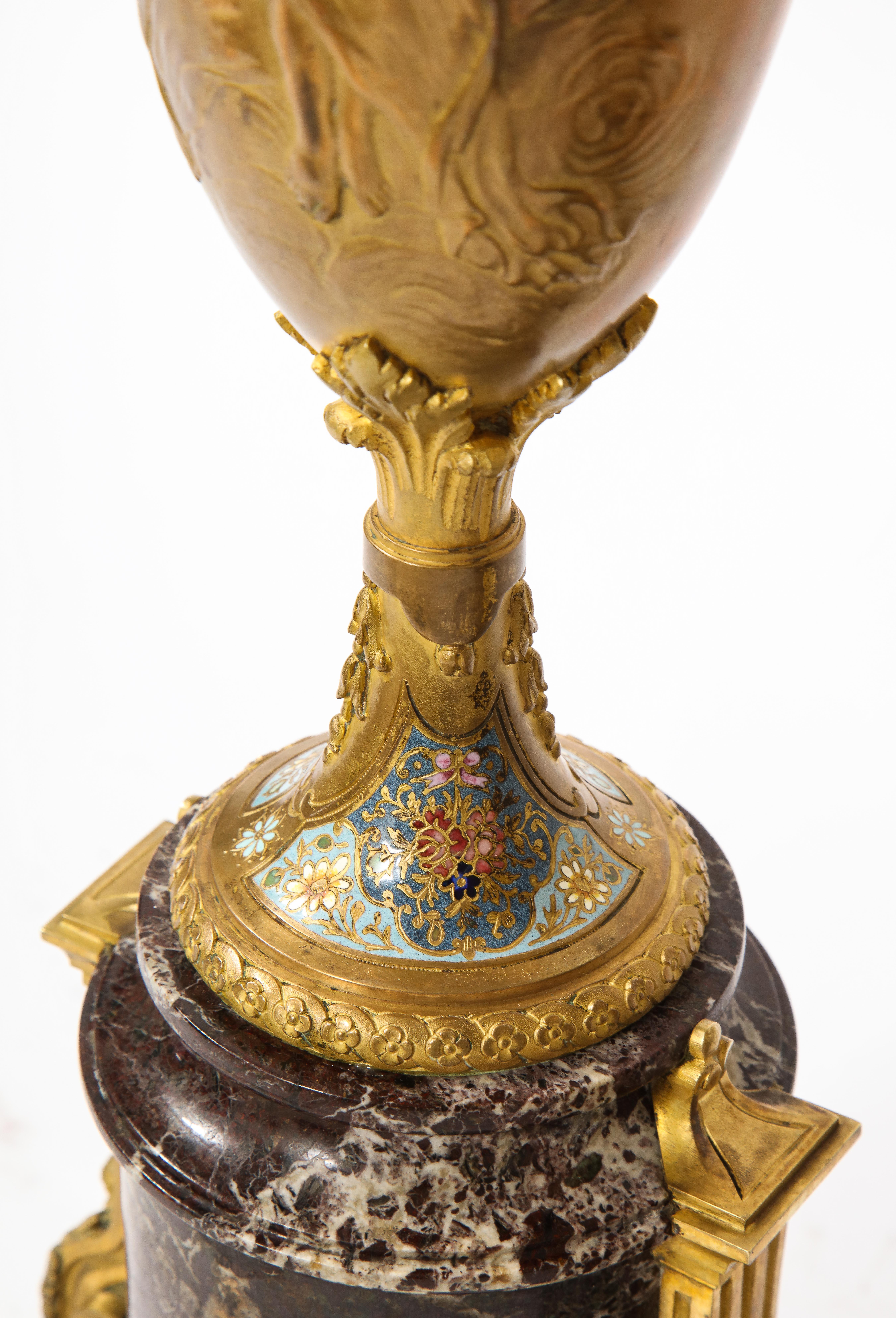 Pr. French 19th C. Louis XVI Style Dore Bronze Enamel & Marble Mtd. Vases For Sale 12