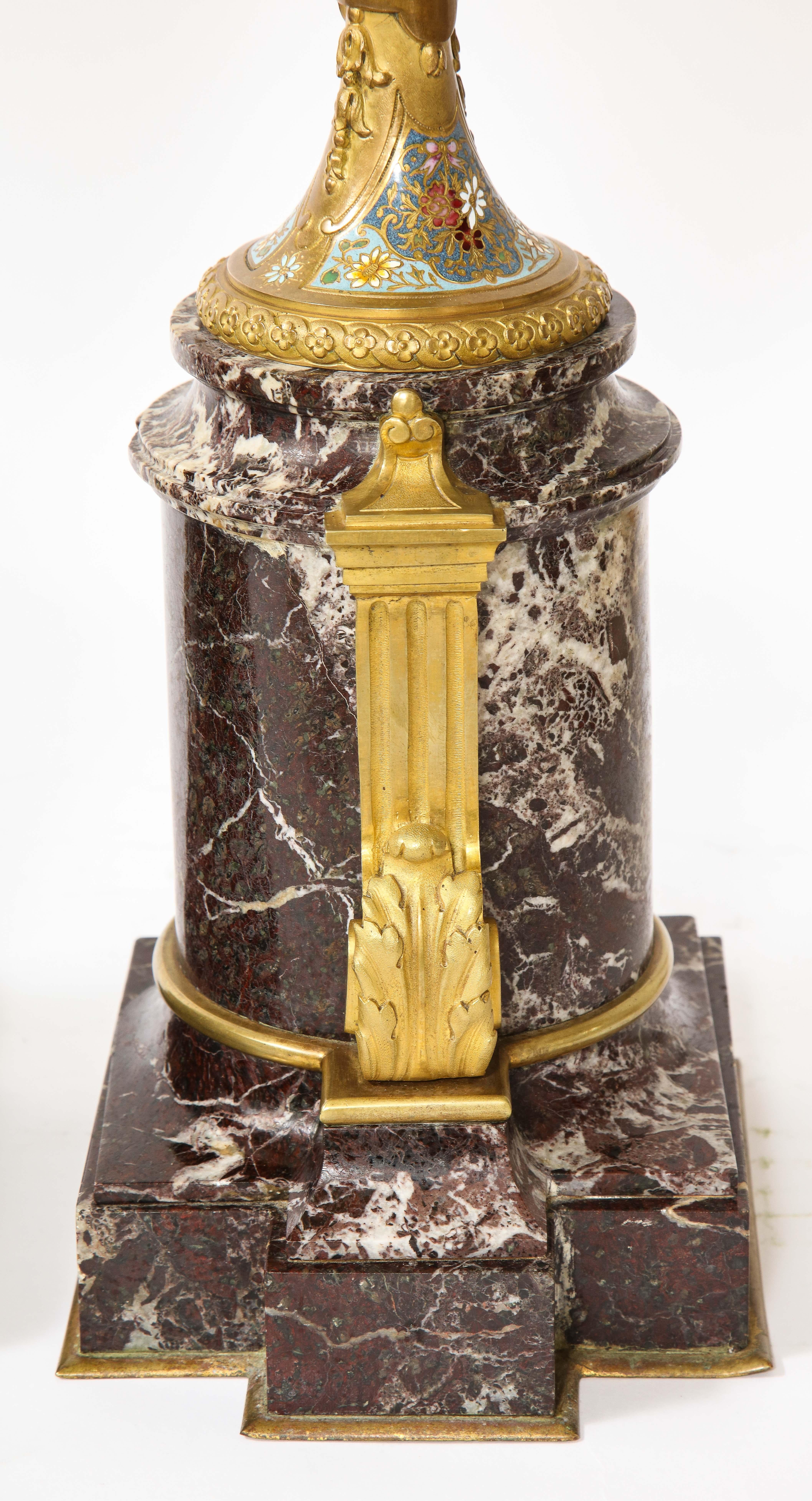 Pr. French 19th C. Louis XVI Style Dore Bronze Enamel & Marble Mtd. Vases For Sale 13