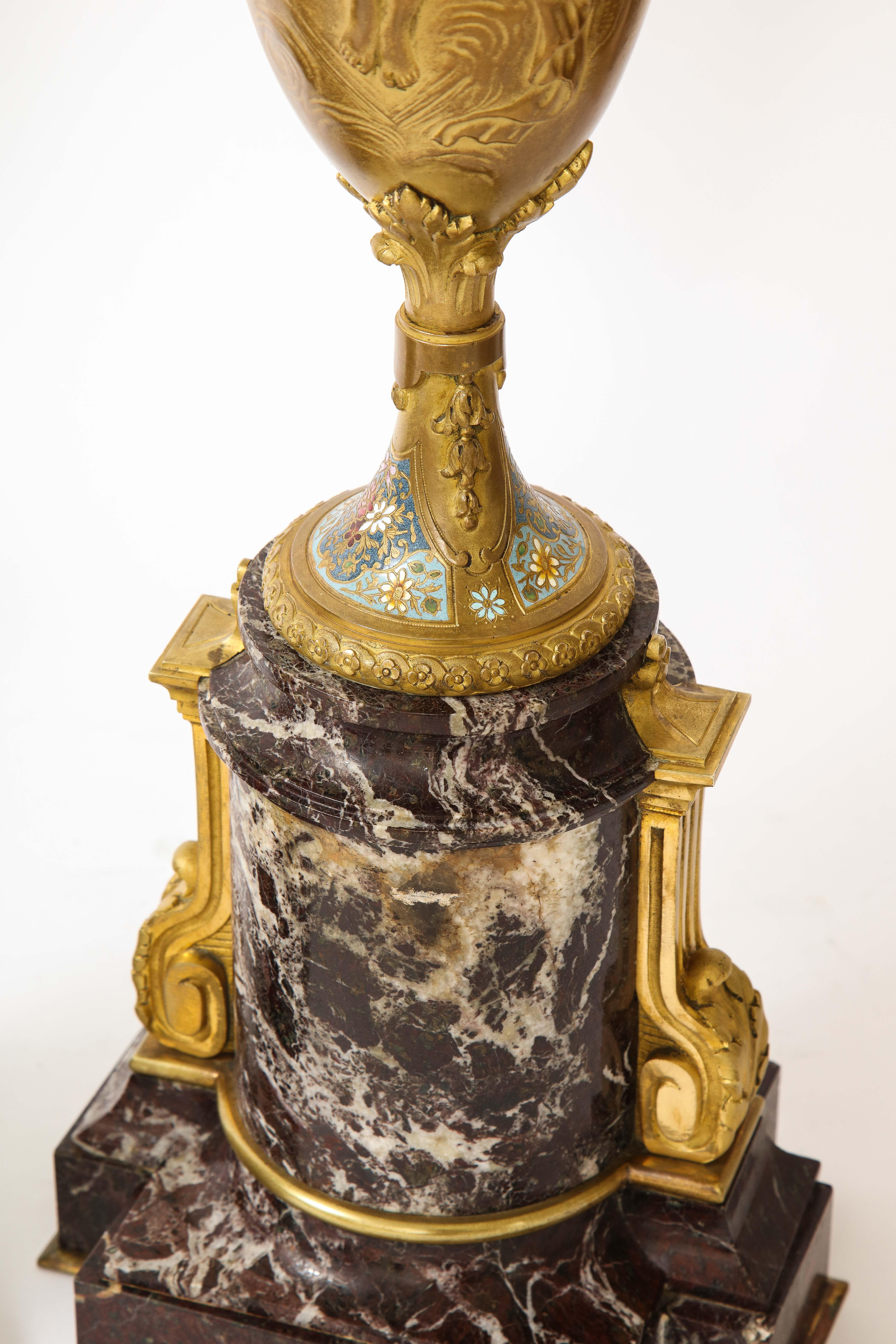 Pr. French 19th C. Louis XVI Style Dore Bronze Enamel & Marble Mtd. Vases For Sale 14