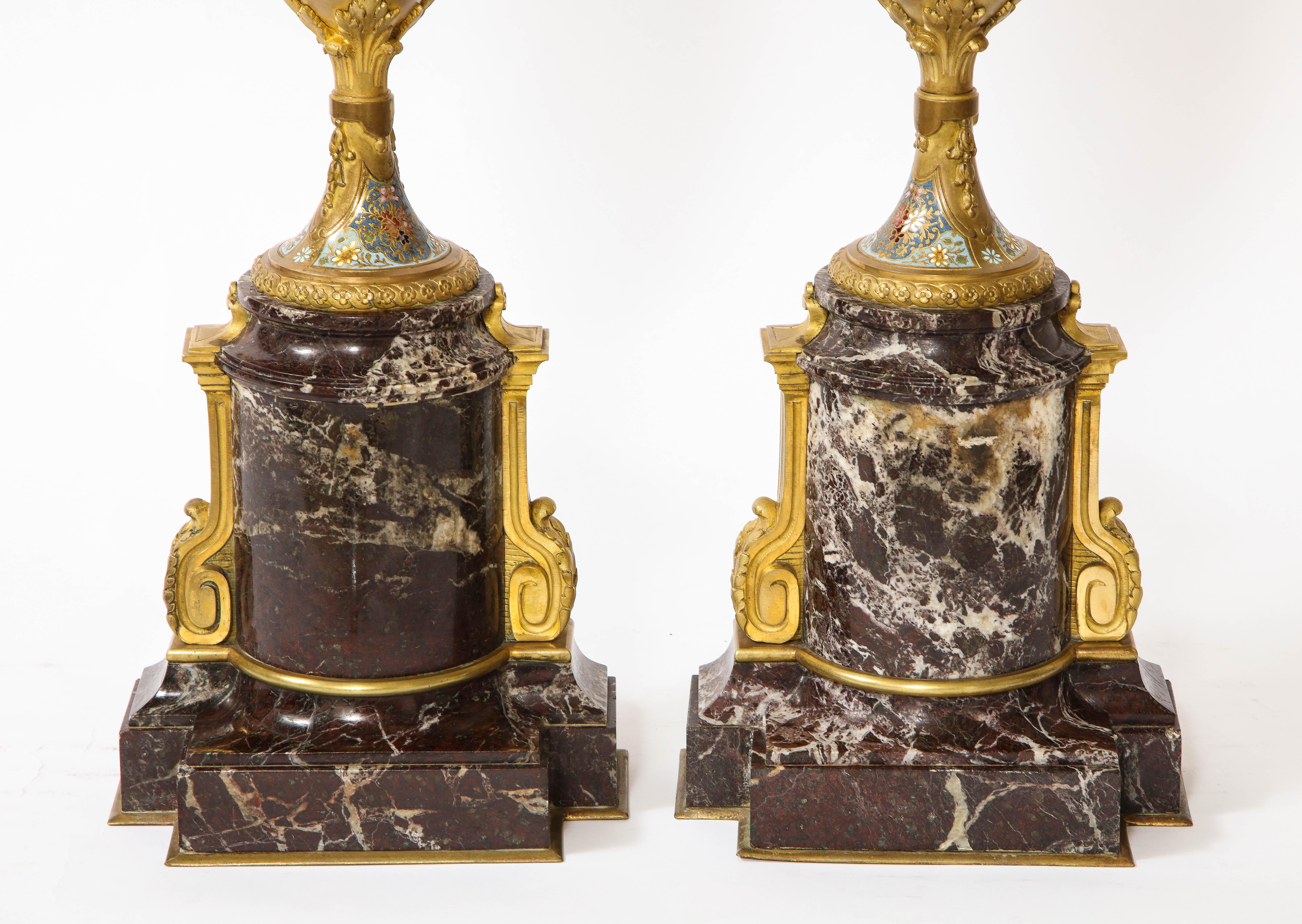 Pr. French 19th C. Louis XVI Style Dore Bronze Enamel & Marble Mtd. Vases For Sale 15