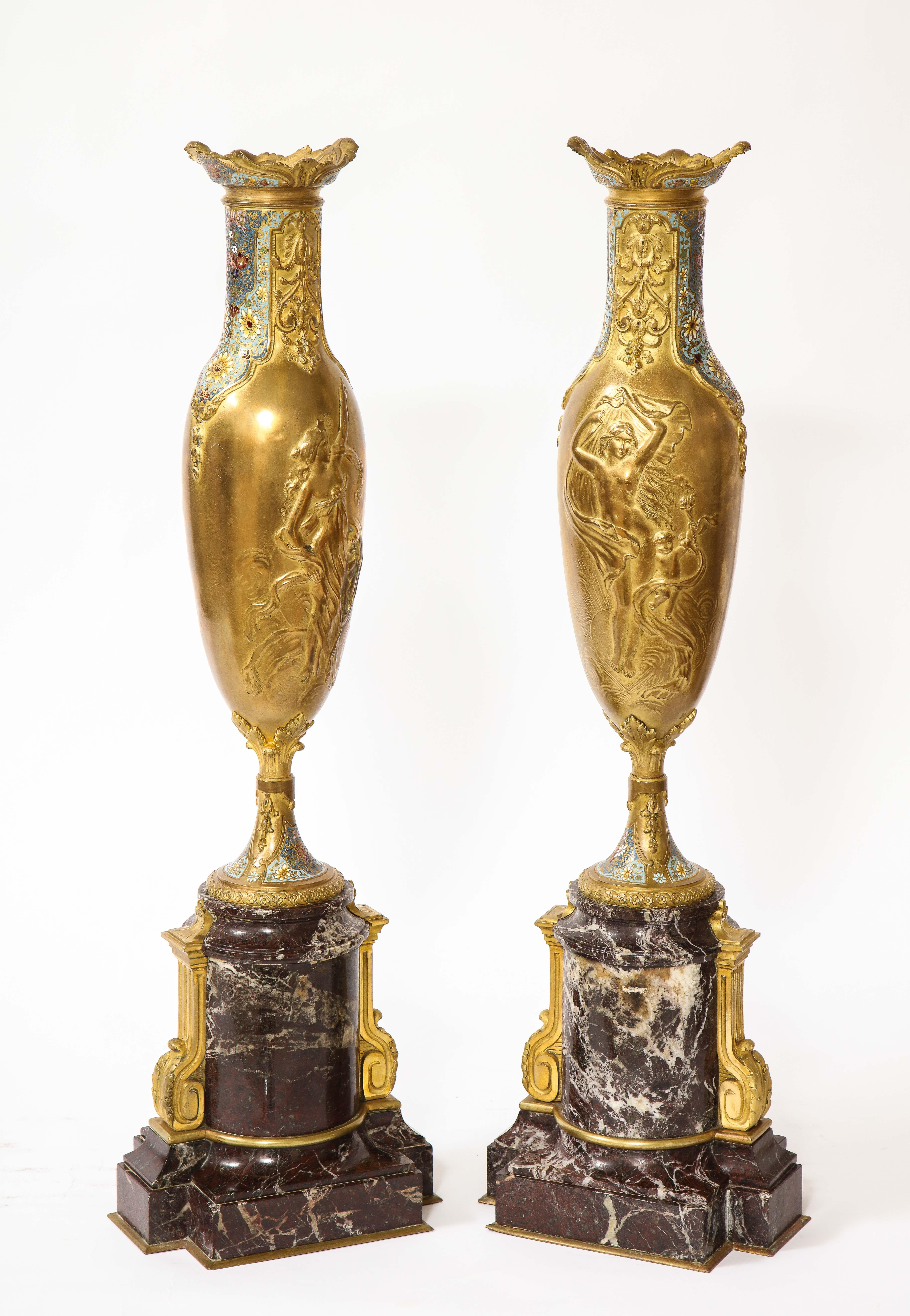 Polished Pr. French 19th C. Louis XVI Style Dore Bronze Enamel & Marble Mtd. Vases For Sale
