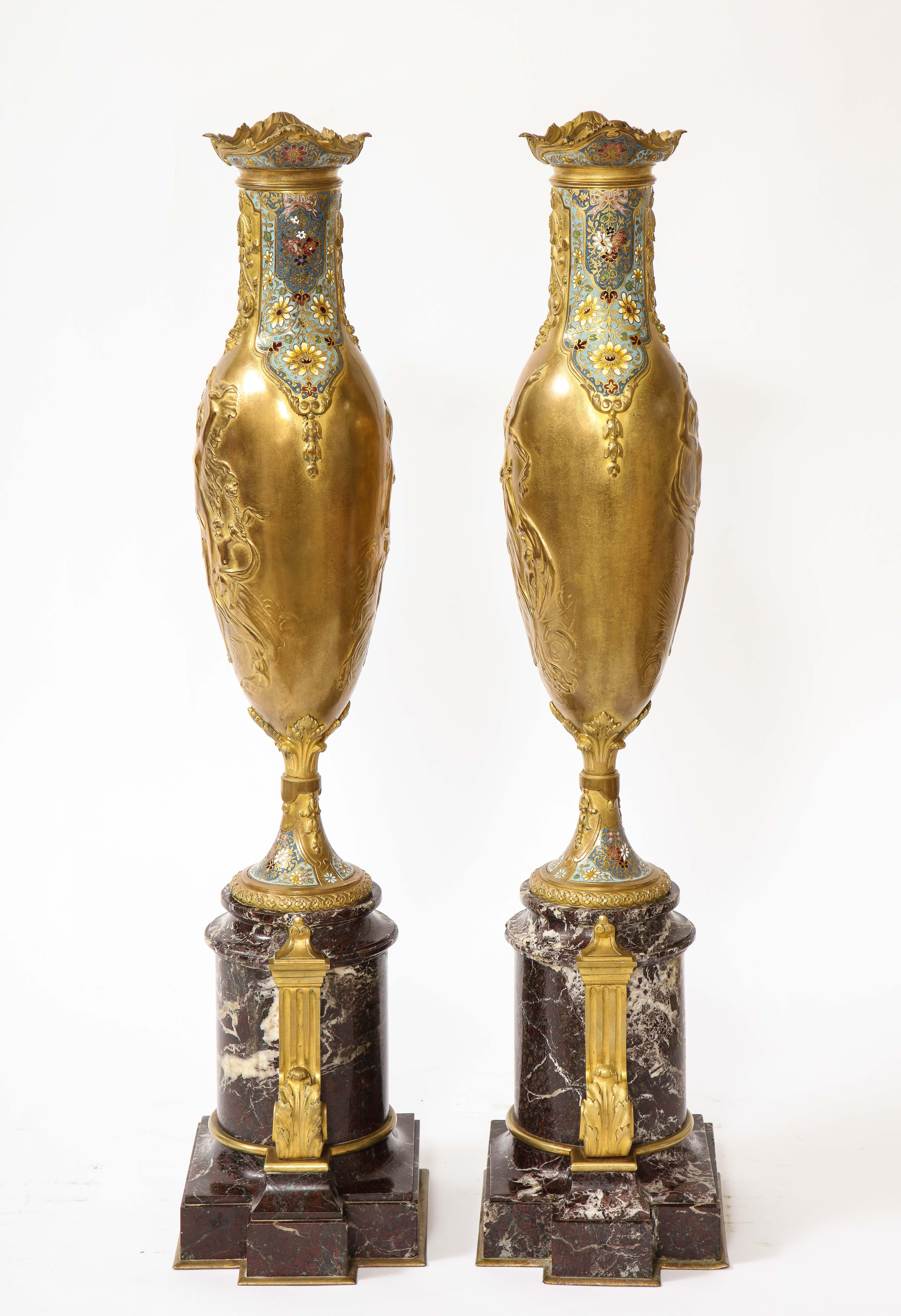 Pr. French 19th C. Louis XVI Style Dore Bronze Enamel & Marble Mtd. Vases In Good Condition For Sale In New York, NY