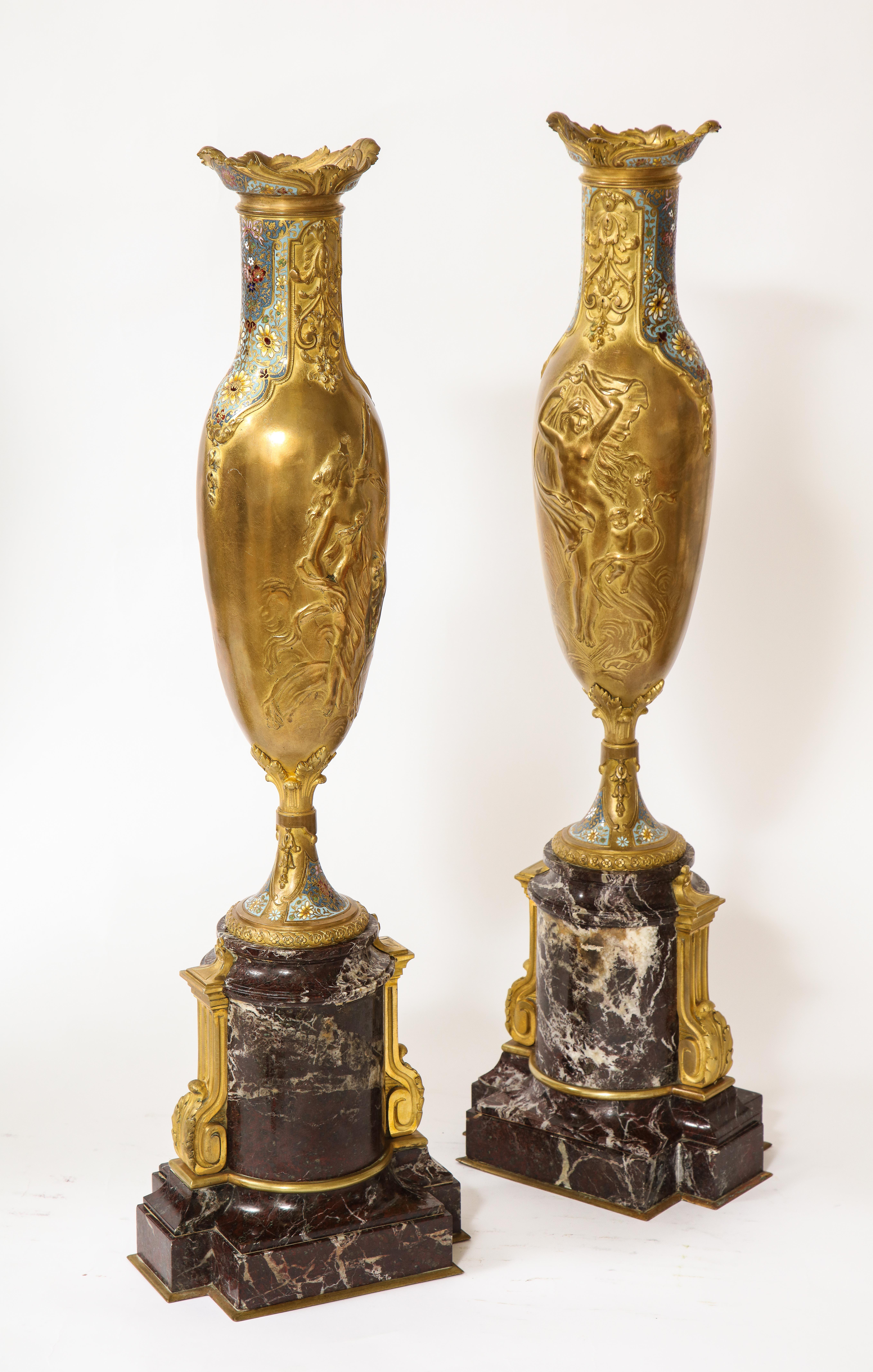 Late 19th Century Pr. French 19th C. Louis XVI Style Dore Bronze Enamel & Marble Mtd. Vases For Sale