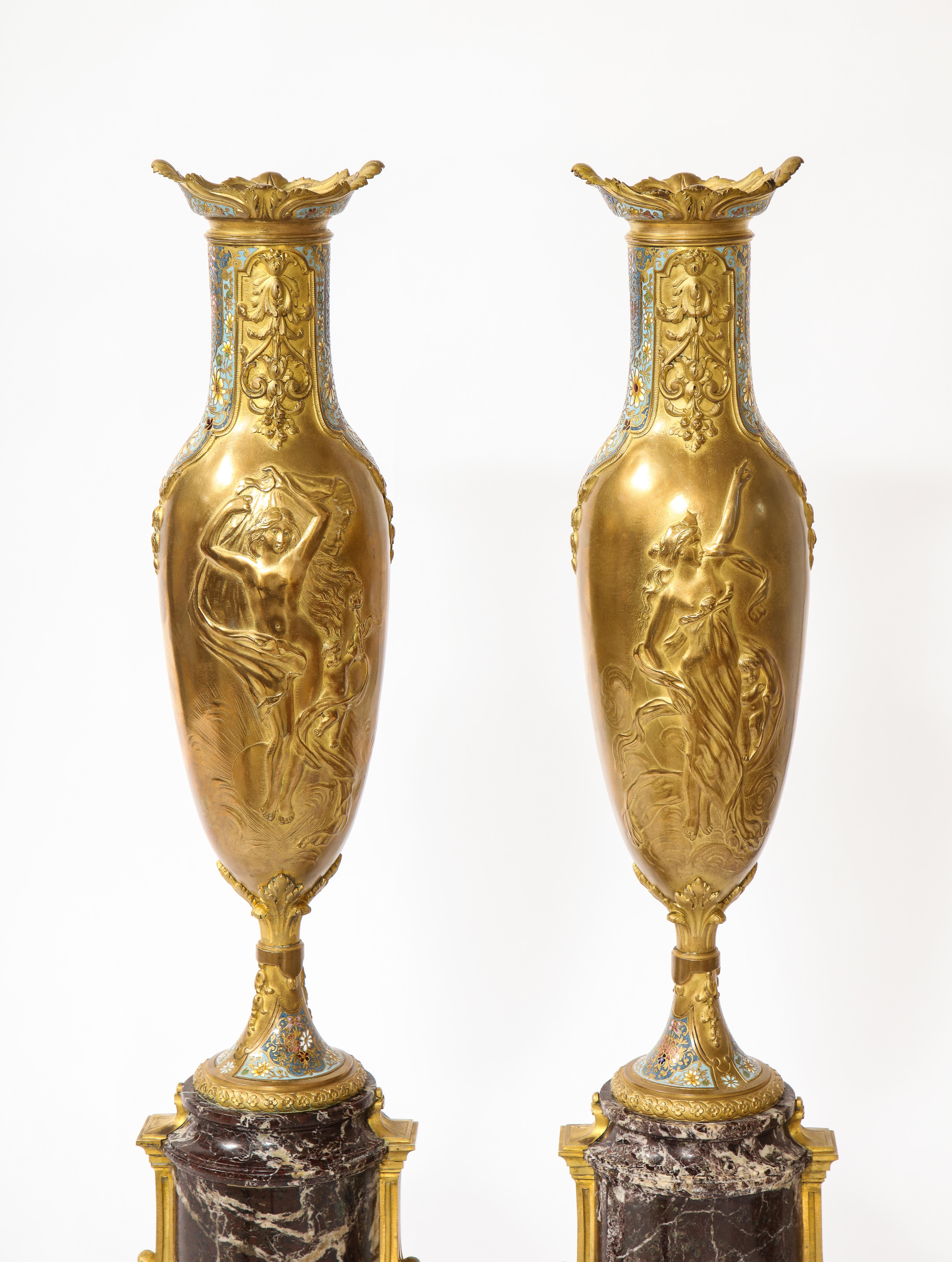 Pr. French 19th C. Louis XVI Style Dore Bronze Enamel & Marble Mtd. Vases For Sale 1