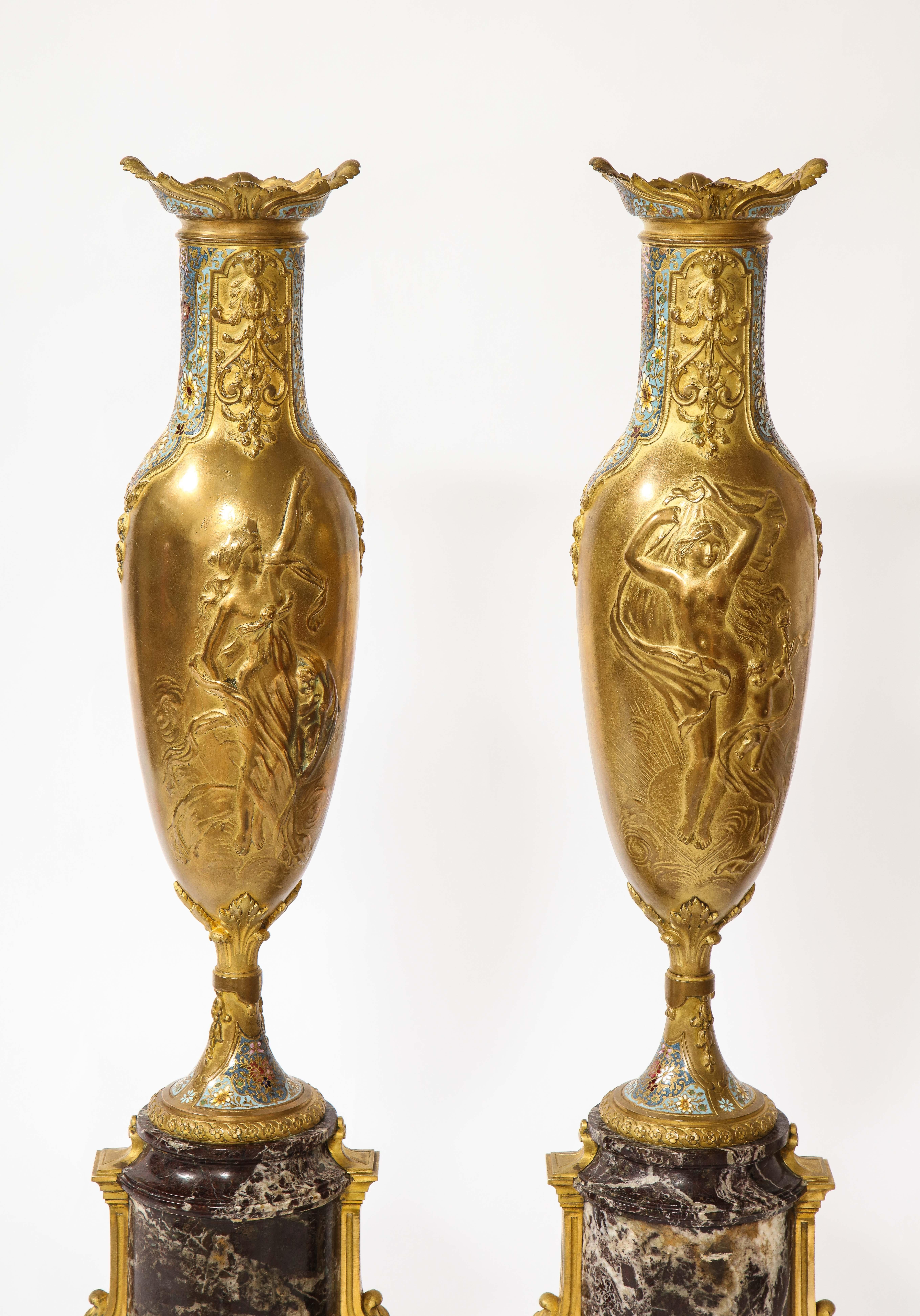 Pr. French 19th C. Louis XVI Style Dore Bronze Enamel & Marble Mtd. Vases For Sale 2