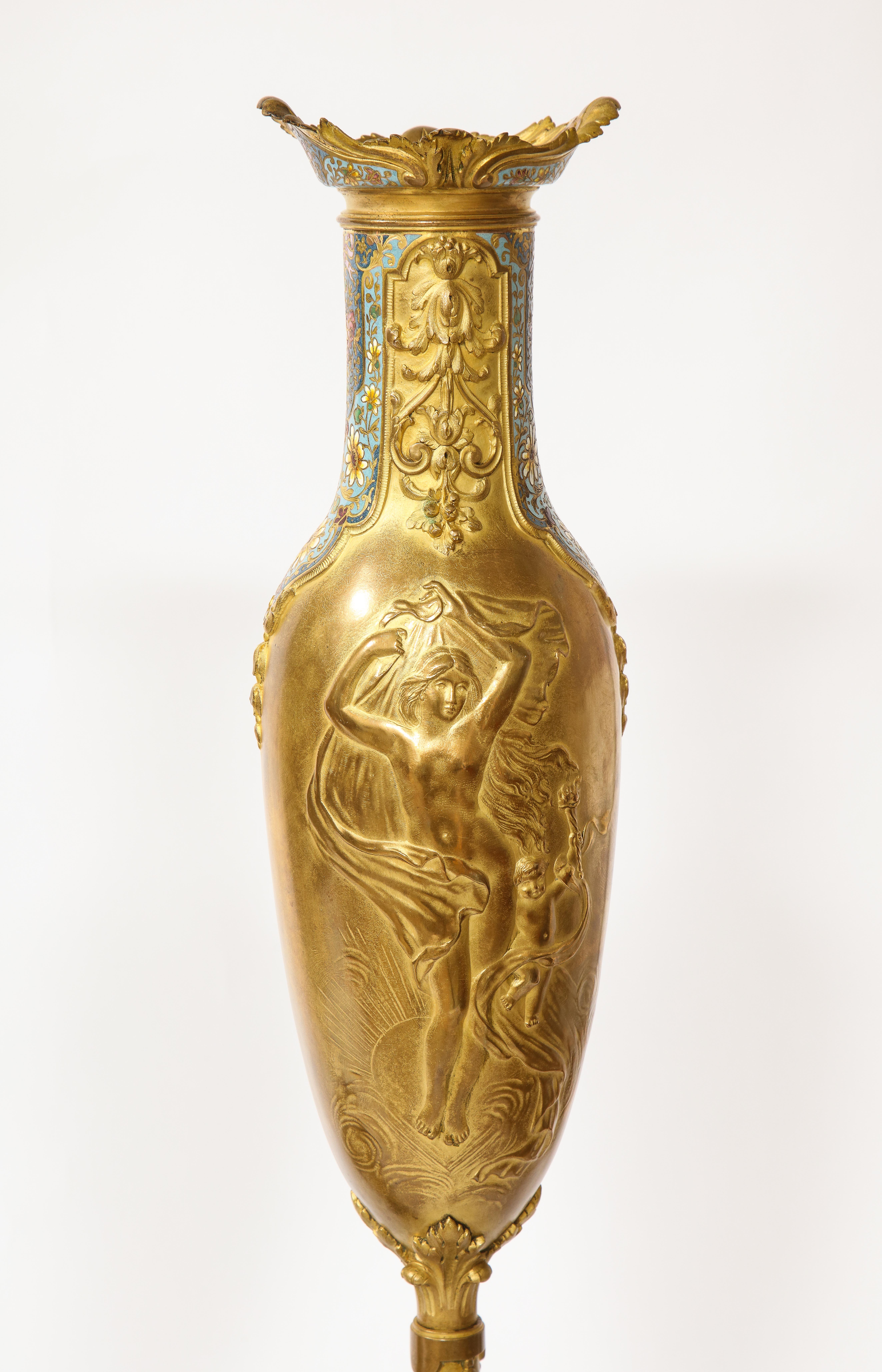 Pr. French 19th C. Louis XVI Style Dore Bronze Enamel & Marble Mtd. Vases For Sale 3