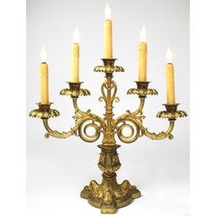 Pr. French 19th Century Gothic-Neoclassical Style 5-Light Gilt-Bronze Candelabra