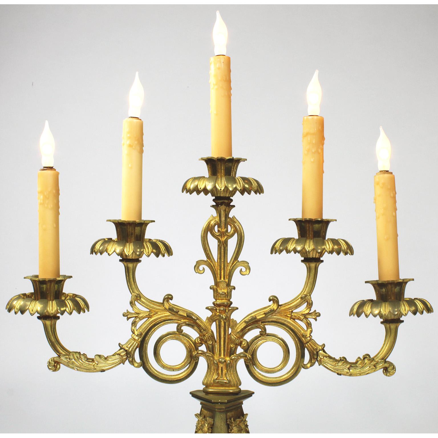 Gothic Revival Pr. French 19th Century Gothic-Neoclassical Style 5-Light Gilt-Bronze Candelabra For Sale