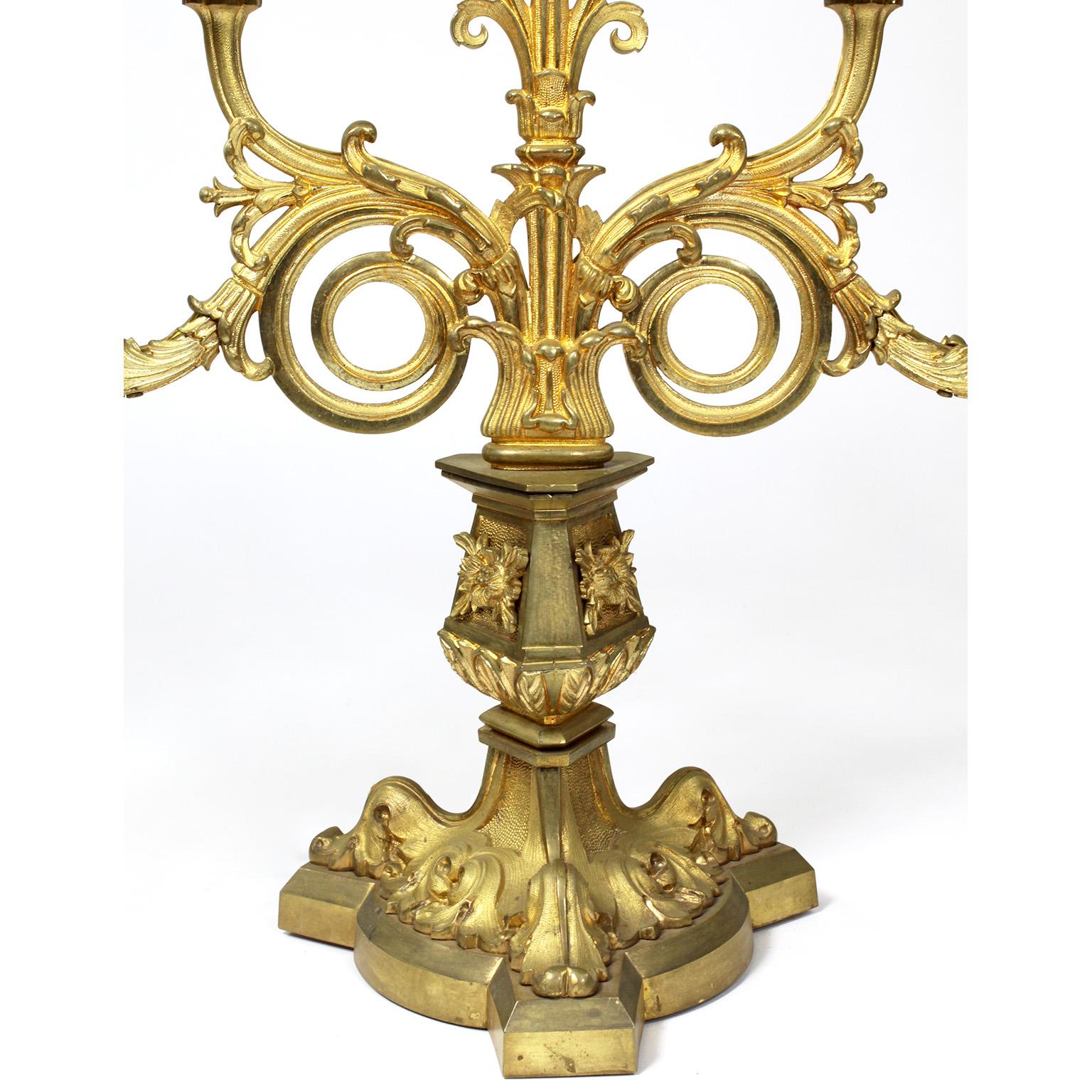 Pr. French 19th Century Gothic-Neoclassical Style 5-Light Gilt-Bronze Candelabra In Good Condition For Sale In Los Angeles, CA