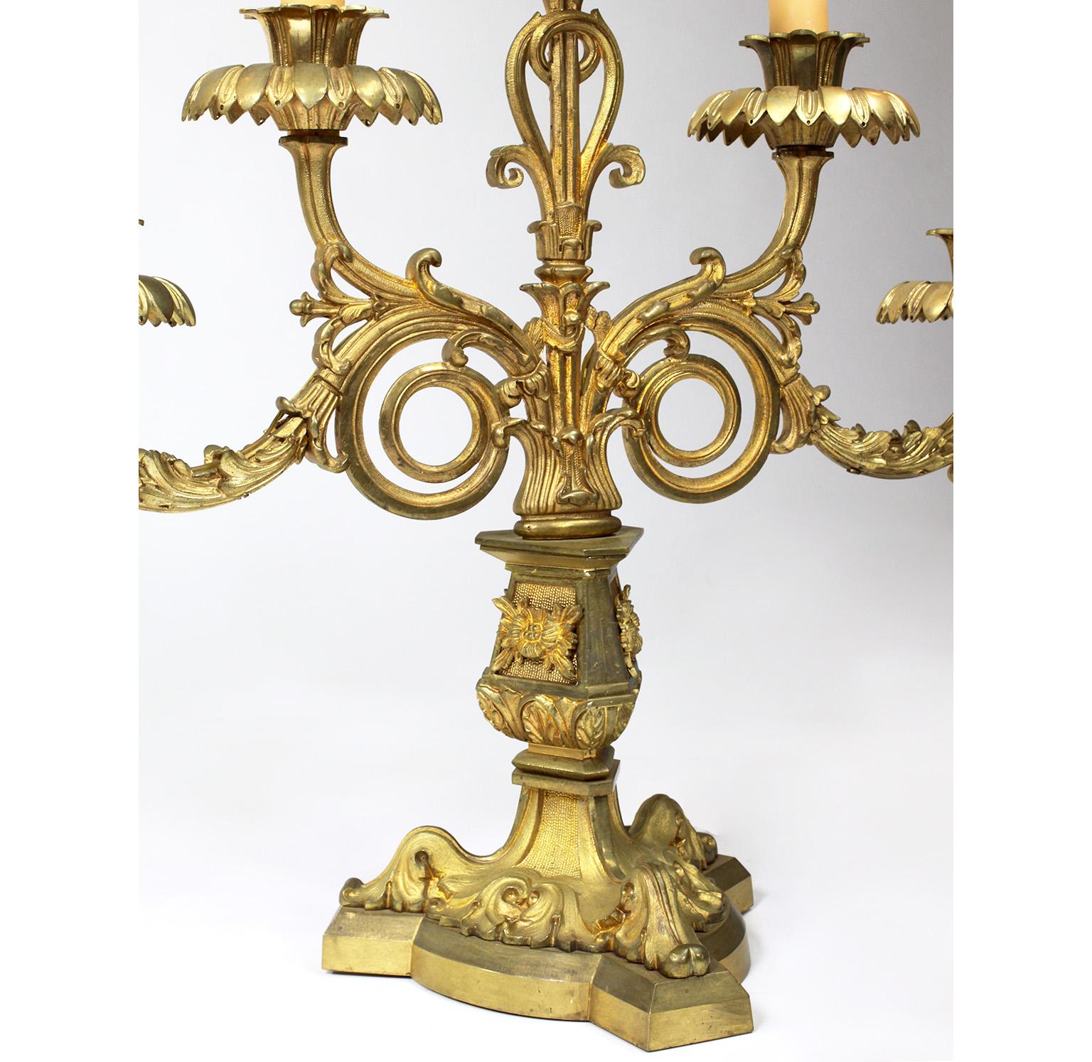 Pr. French 19th Century Gothic-Neoclassical Style 5-Light Gilt-Bronze Candelabra For Sale 1