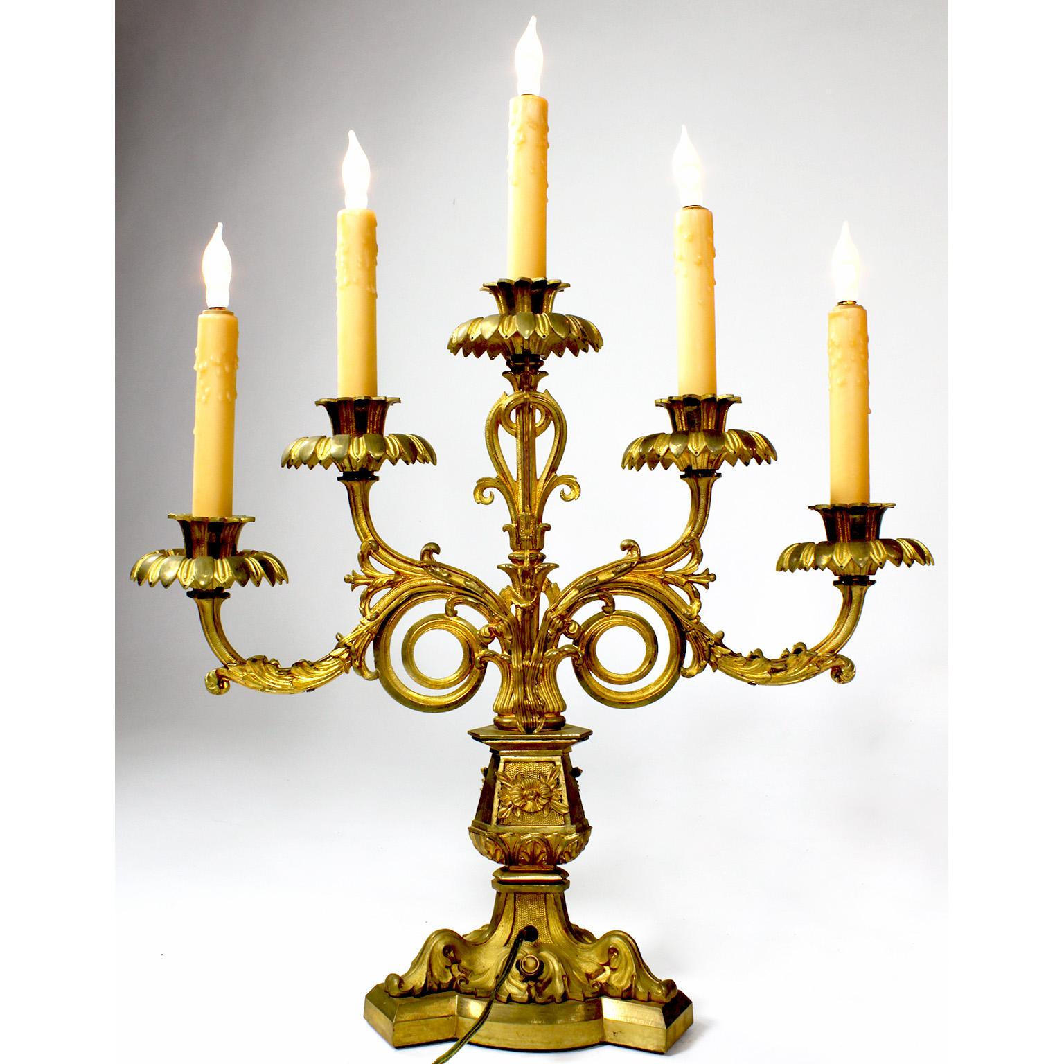 Pr. French 19th Century Gothic-Neoclassical Style 5-Light Gilt-Bronze Candelabra For Sale 3