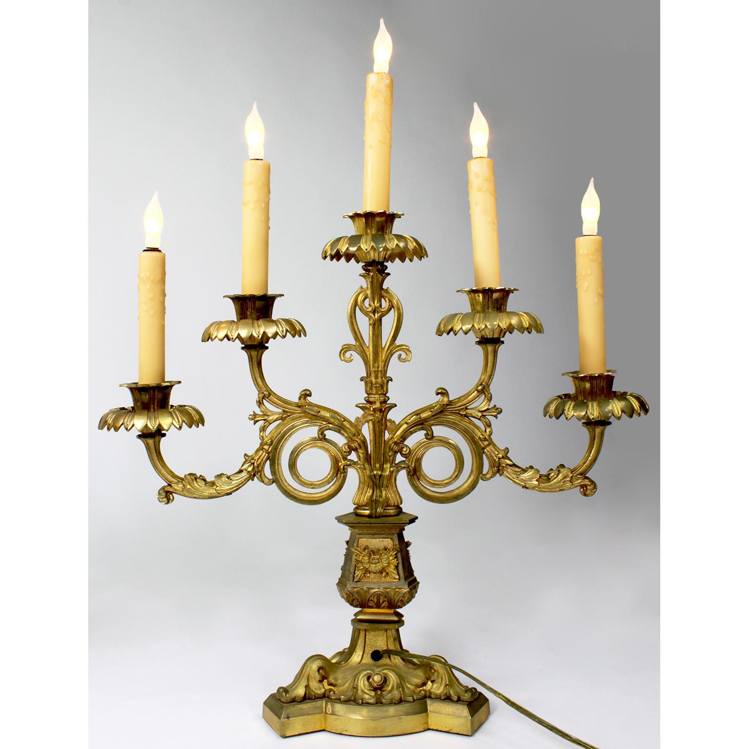 Pr. French 19th Century Gothic-Neoclassical Style 5-Light Gilt-Bronze Candelabra For Sale 4