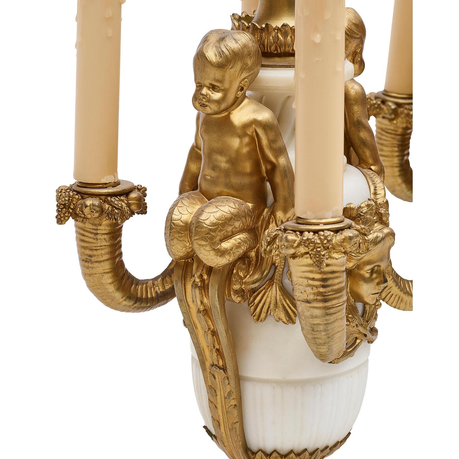Gilt Pr. French 19th Century Louis XV Style Marble & Ormolu Mermaid Putti Table Lamps For Sale