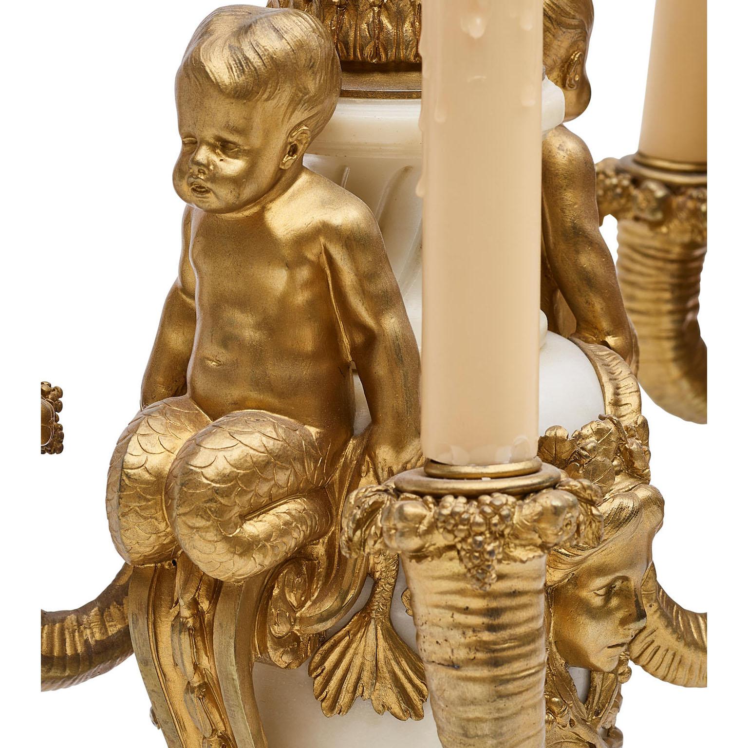 Pr. French 19th Century Louis XV Style Marble & Ormolu Mermaid Putti Table Lamps In Good Condition For Sale In Los Angeles, CA