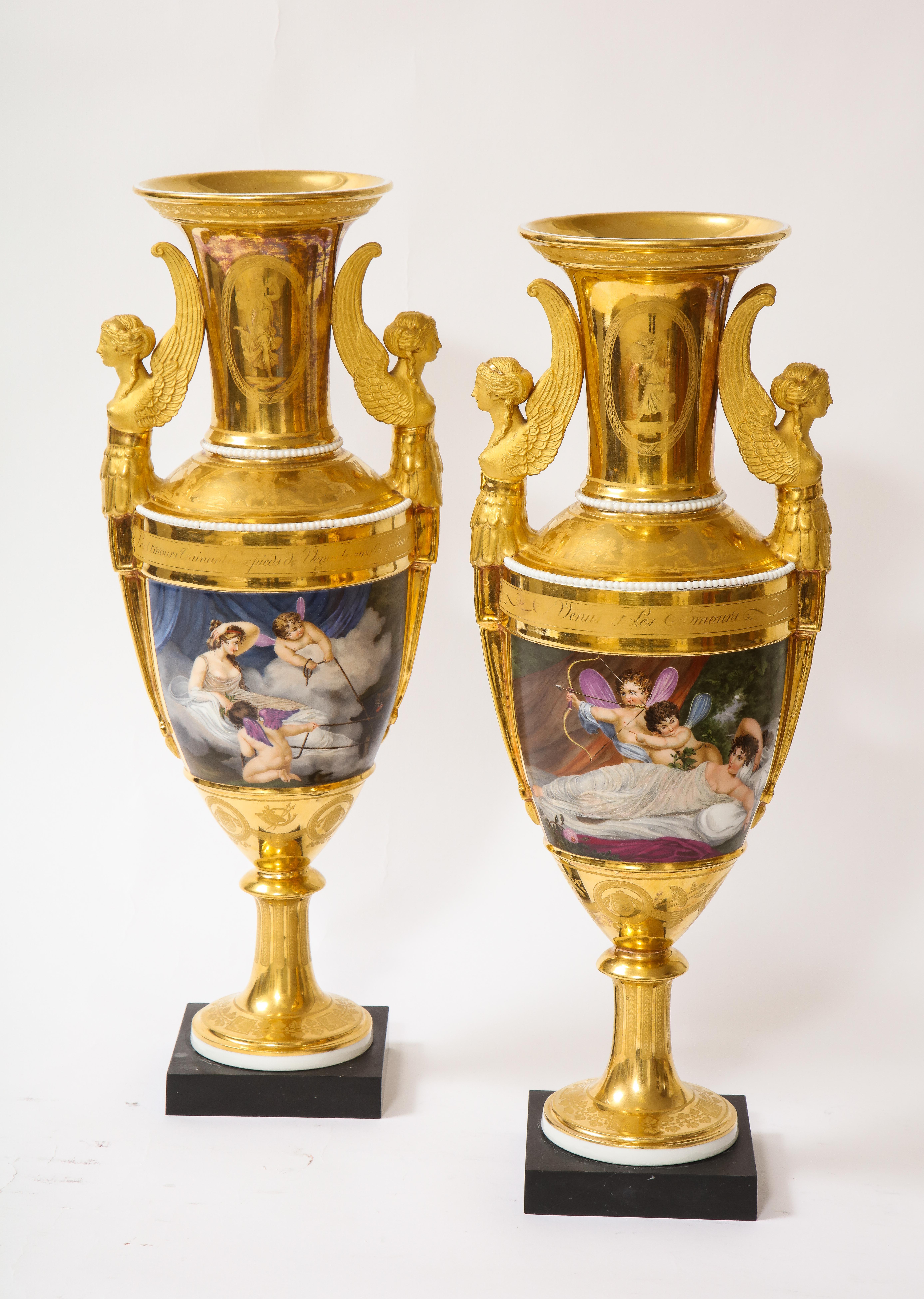Hand-Painted Pair of First-Empire Period 2-Handled Porcelain Vases with Westall Venus Scenes For Sale