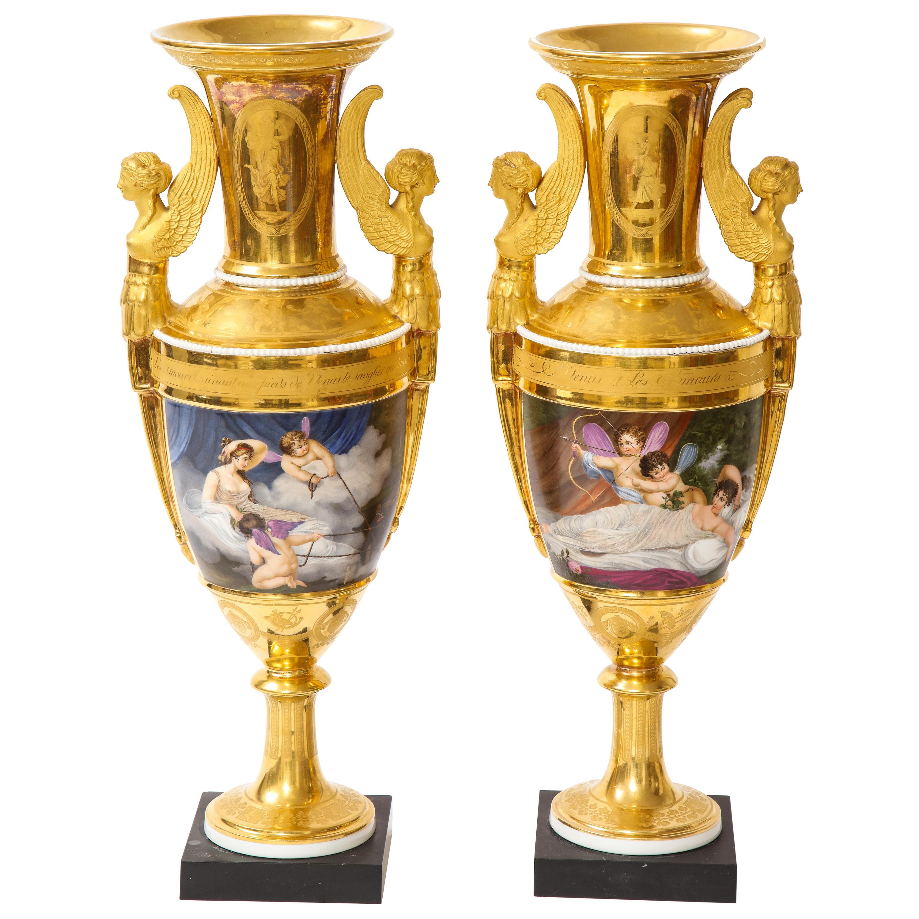 Pair of First-Empire Period 2-Handled Porcelain Vases with Westall Venus Scenes For Sale