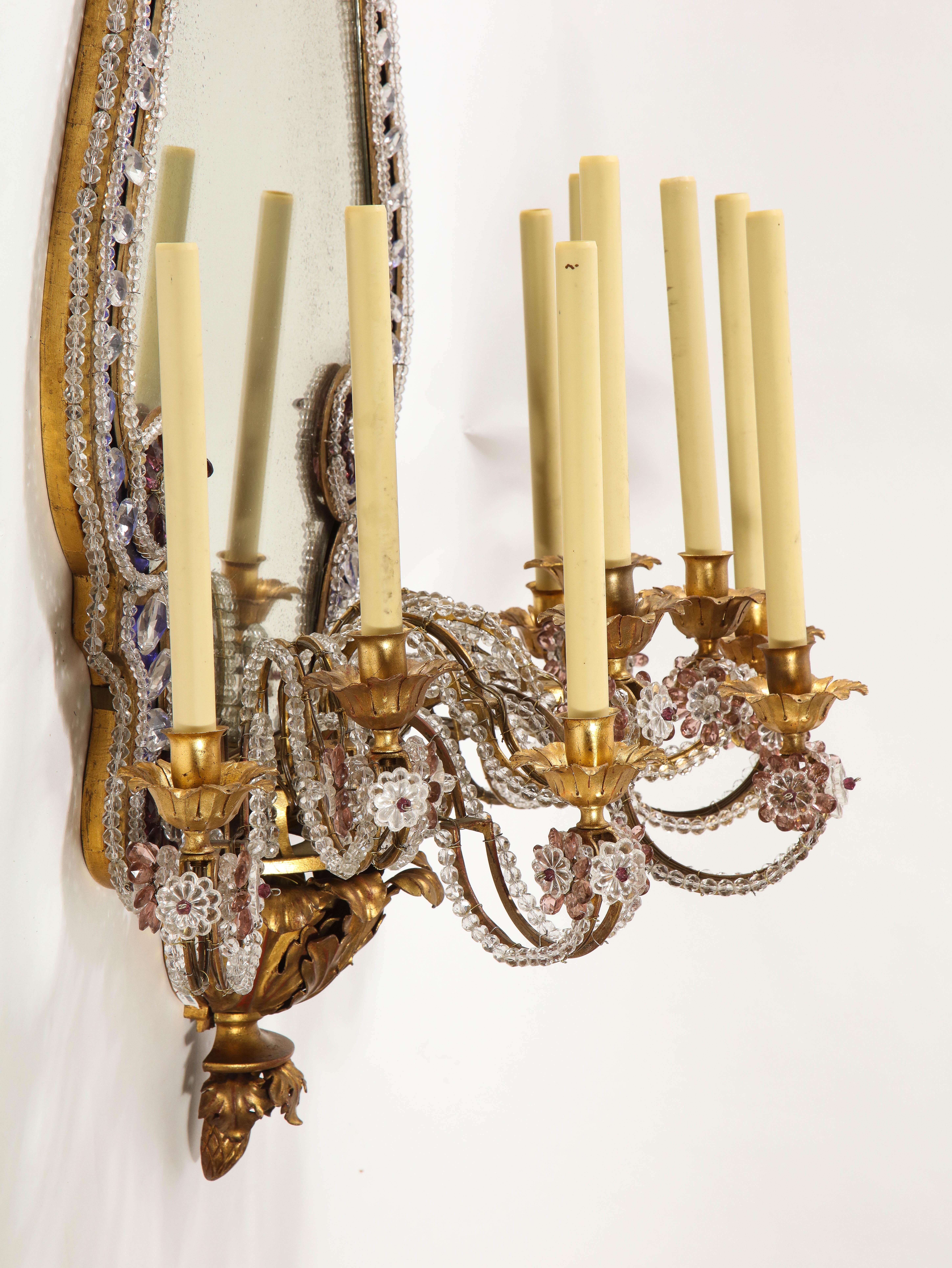 Pr French 20th C Dore Bronze Mnt Mirrored & Beaded Crystal 9-Arm Sconces For Sale 4