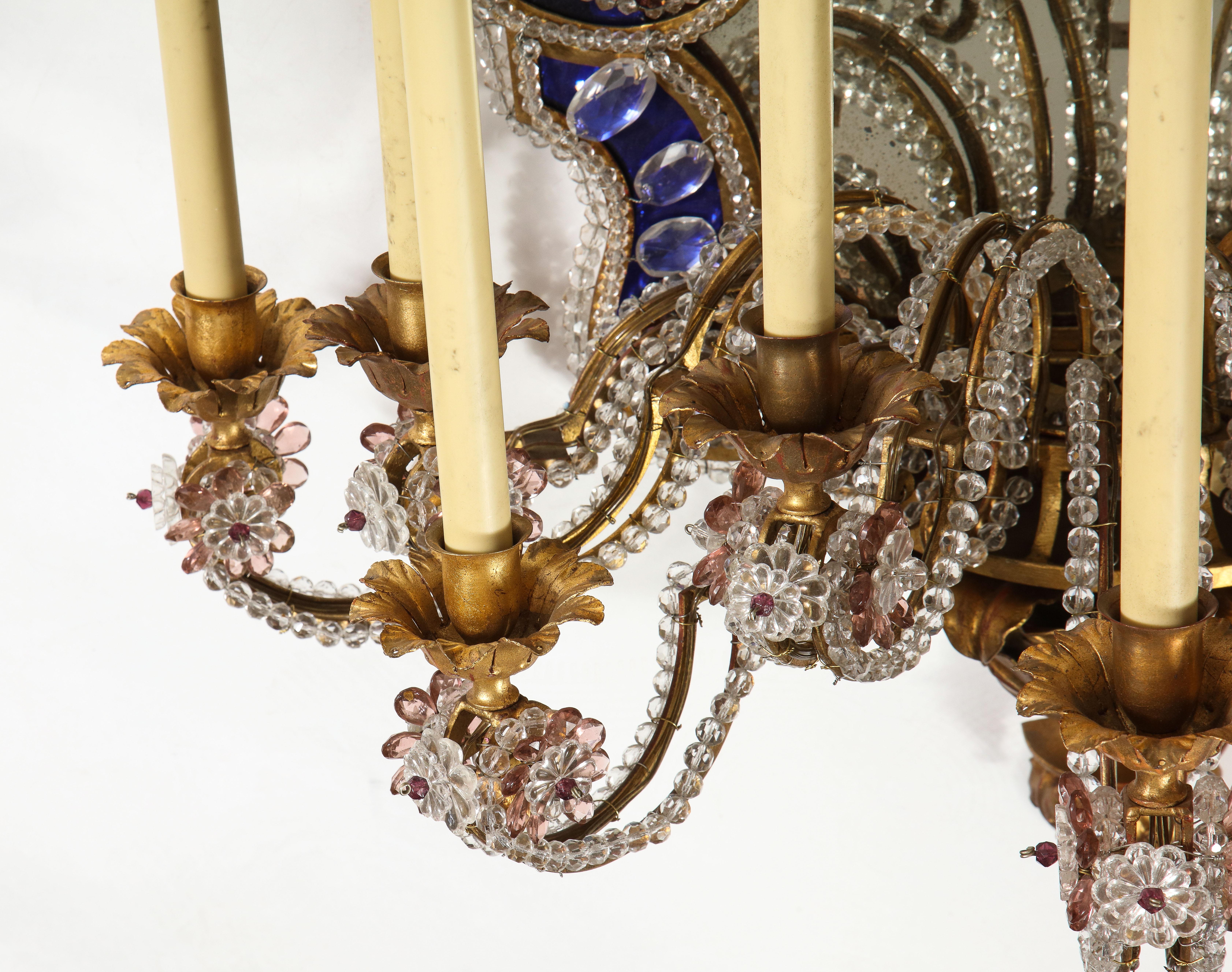 Pr French 20th C Dore Bronze Mnt Mirrored & Beaded Crystal 9-Arm Sconces For Sale 5