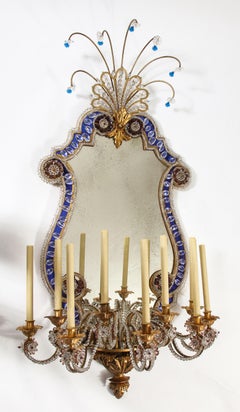 Pr French 20th C Dore Bronze Mnt Mirrored & Beaded Crystal 9-Arm Sconces