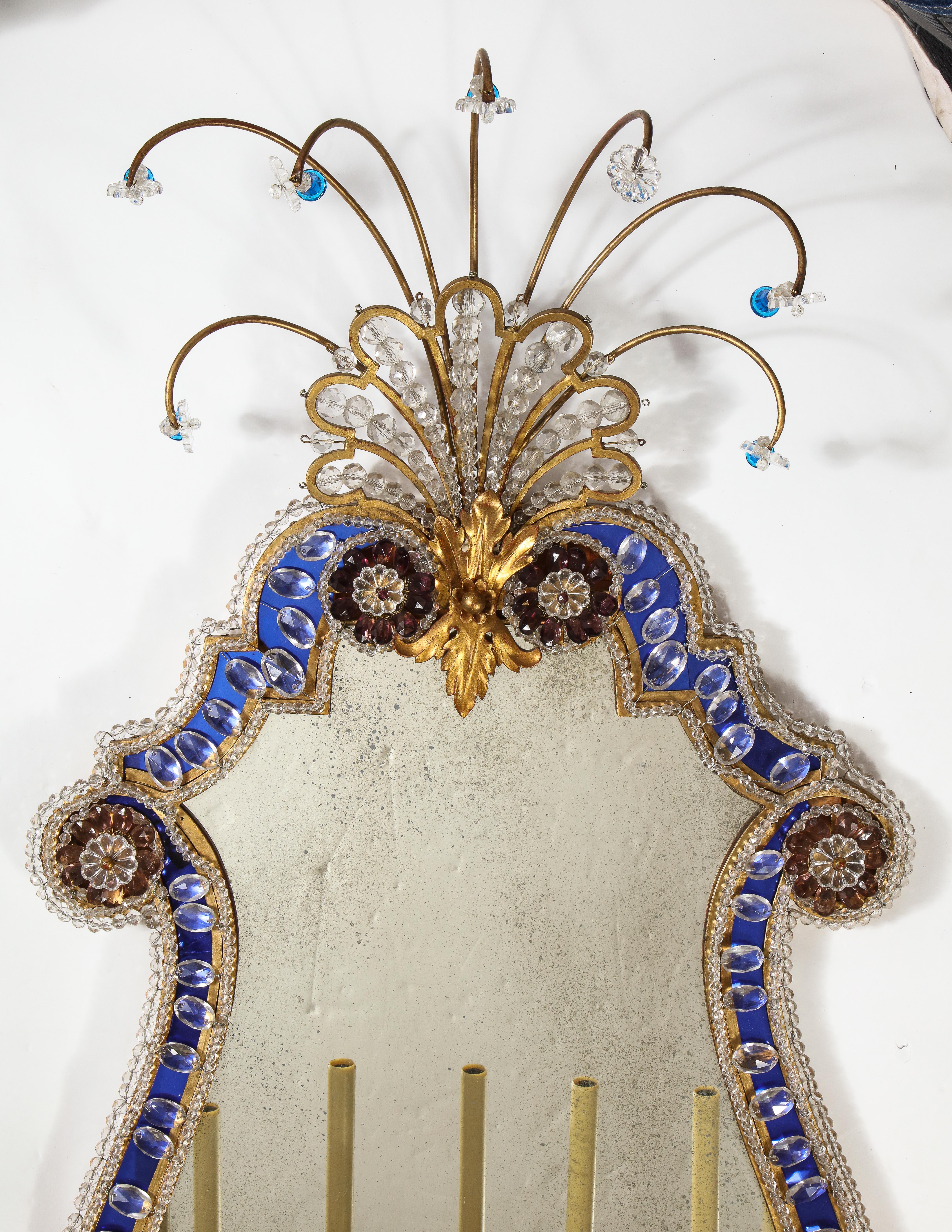 Louis XVI Pr French 20th C Dore Bronze Mnt Mirrored & Beaded Crystal 9-Arm Sconces For Sale