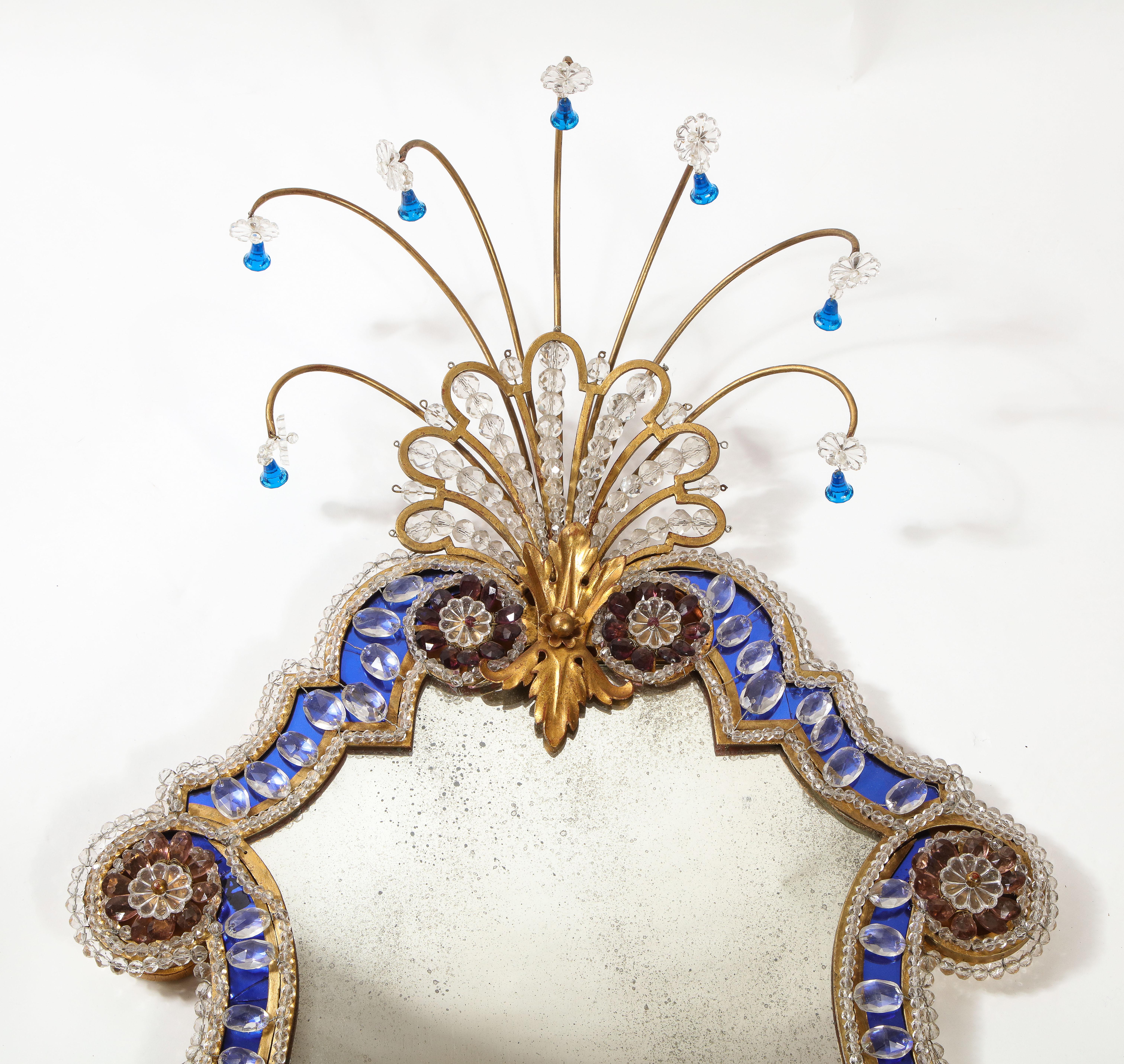 Hand-Carved Pr French 20th C Dore Bronze Mnt Mirrored & Beaded Crystal 9-Arm Sconces For Sale