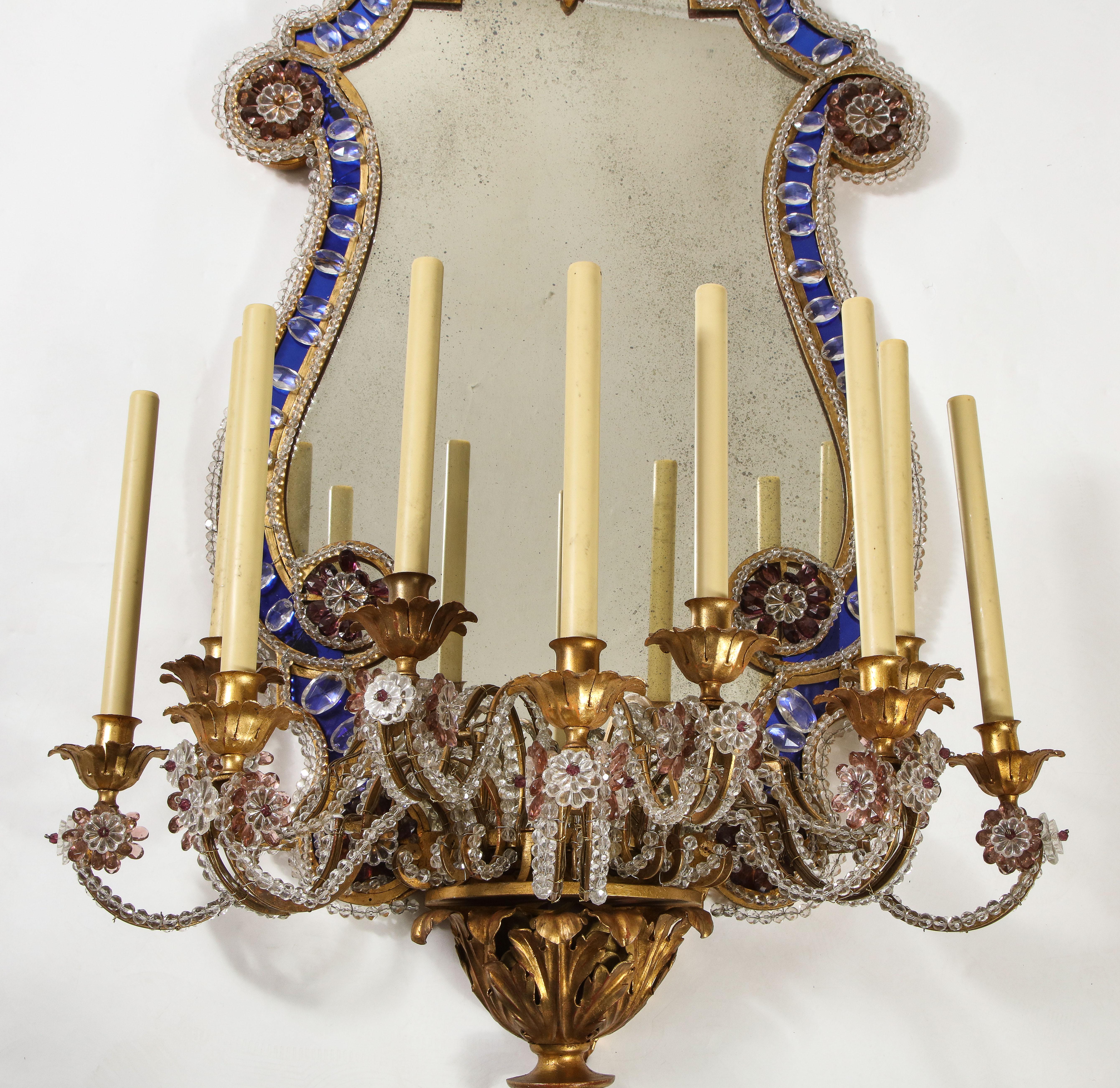 Pr French 20th C Dore Bronze Mnt Mirrored & Beaded Crystal 9-Arm Sconces For Sale 1