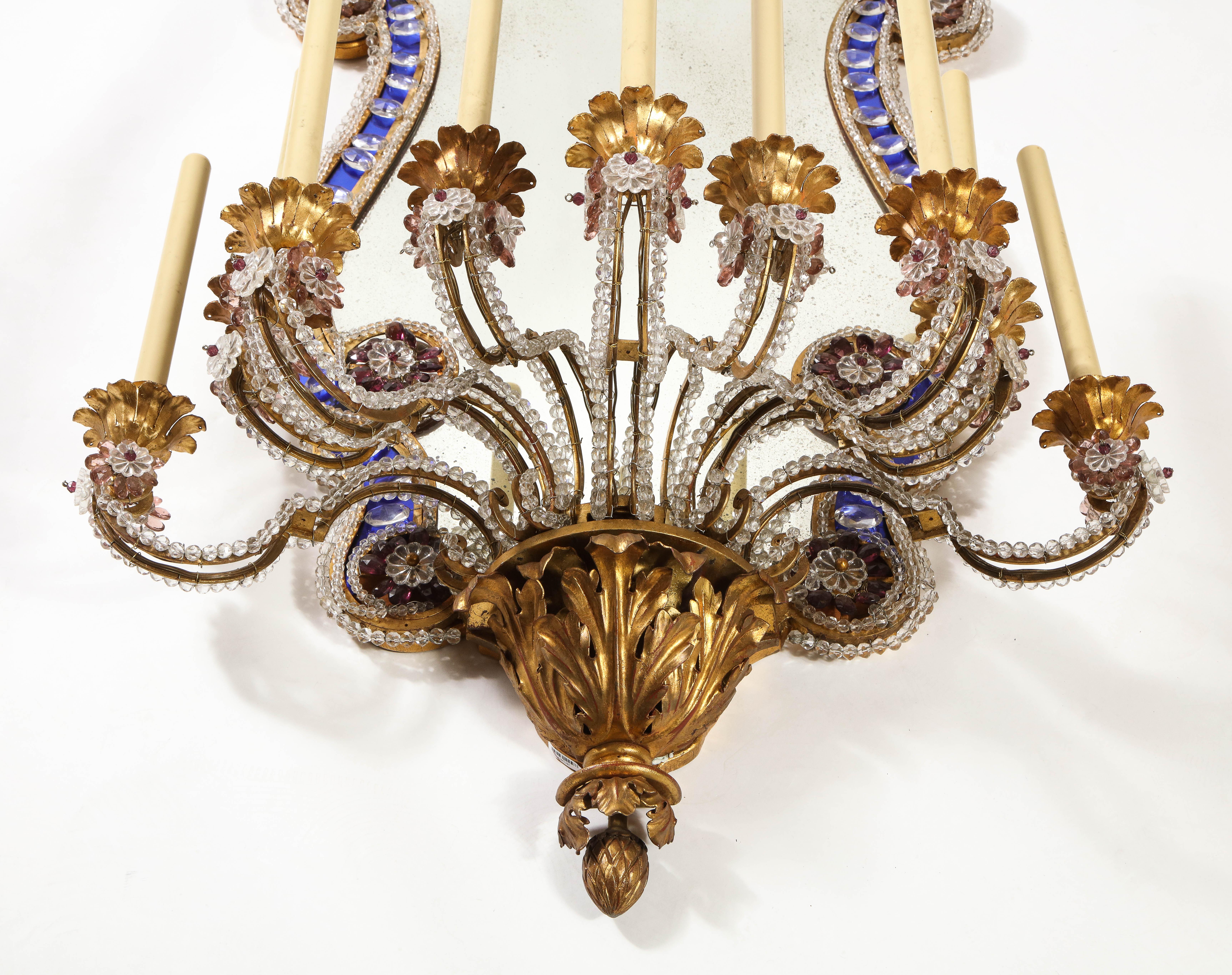 Pr French 20th C Dore Bronze Mnt Mirrored & Beaded Crystal 9-Arm Sconces For Sale 2