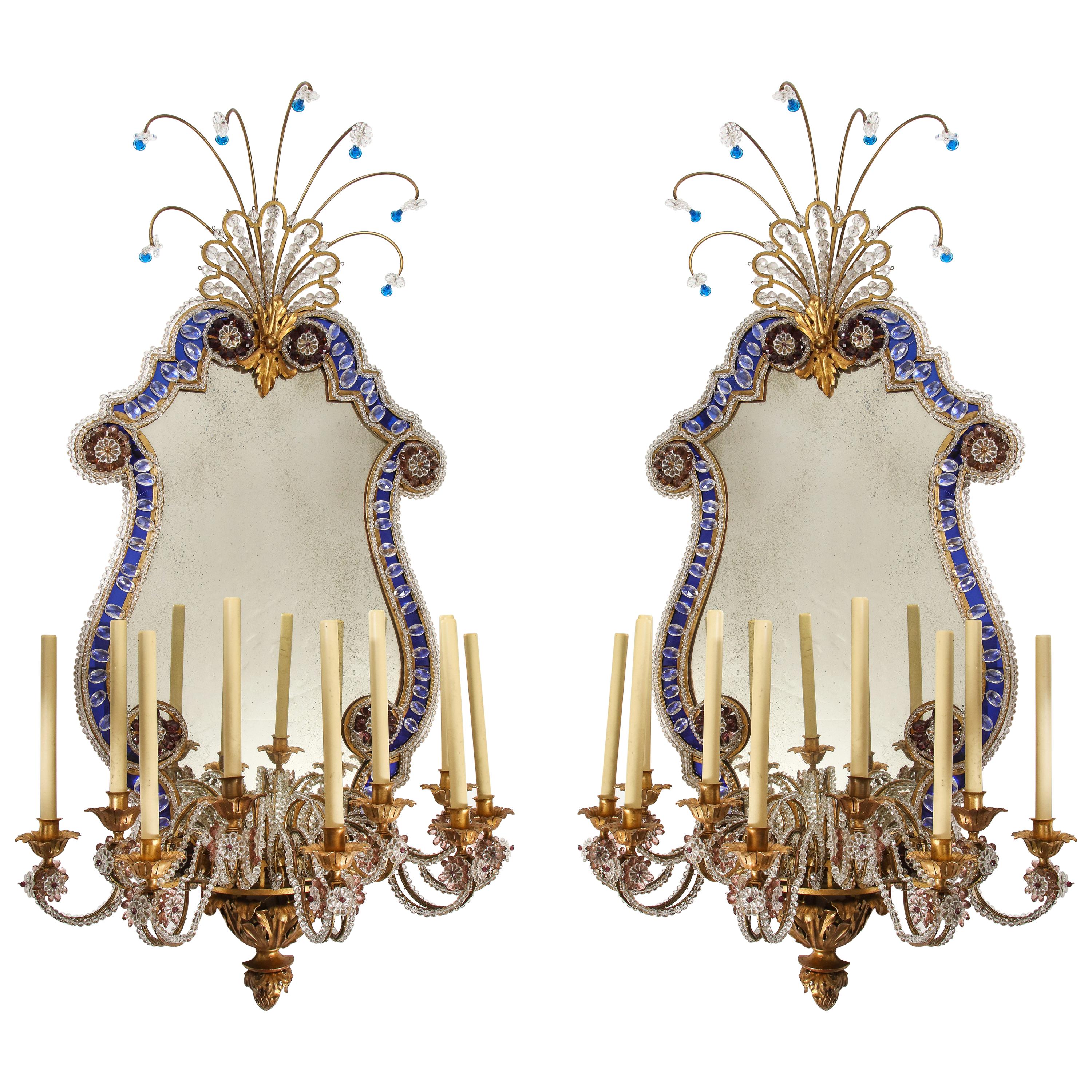 Pr French 20th C Dore Bronze Mnt Mirrored & Beaded Crystal 9-Arm Sconces