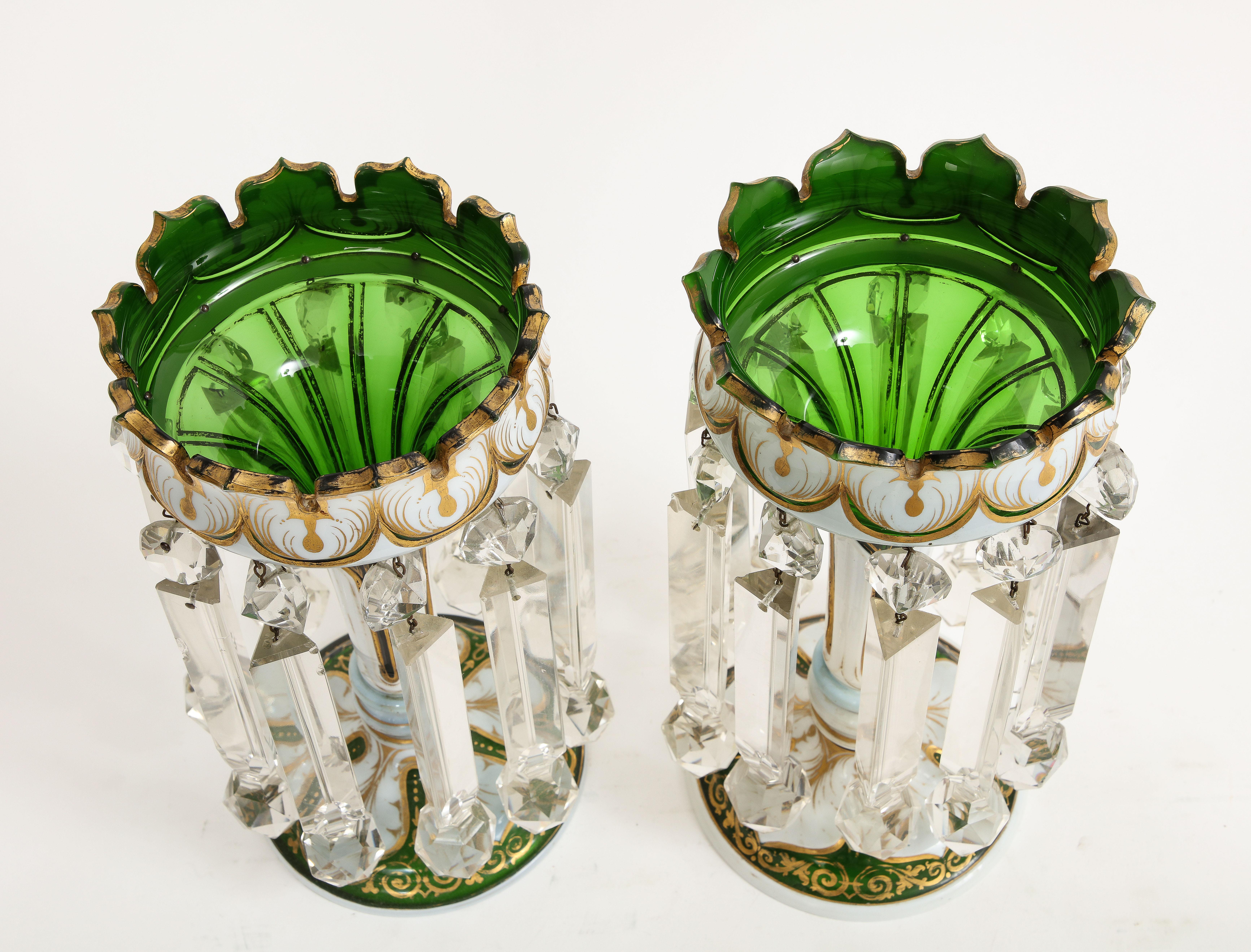 Pair French Attr. Baccarat Double Overlay White to Green Cut Crystal Lusters For Sale 3