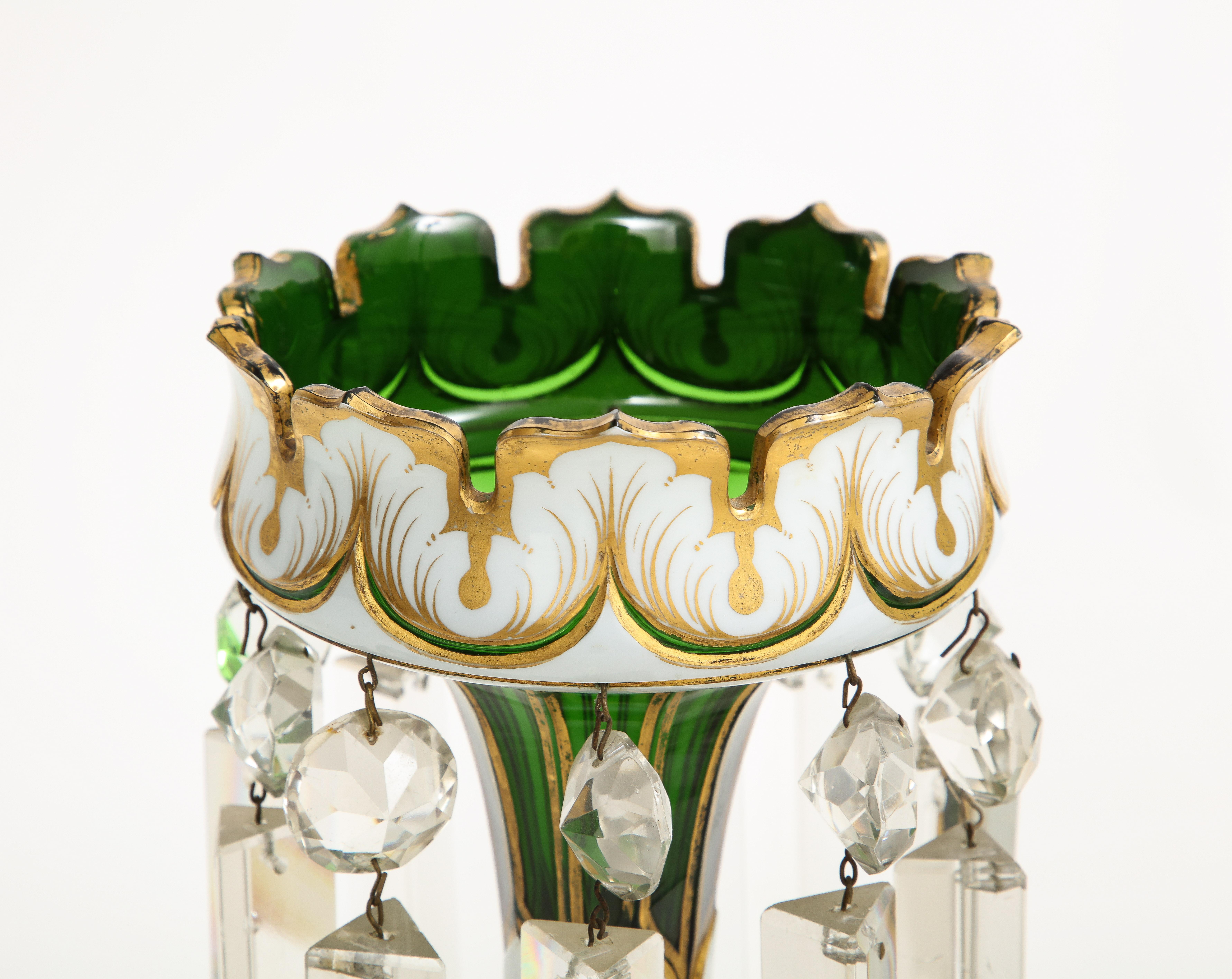 Pair French Attr. Baccarat Double Overlay White to Green Cut Crystal Lusters For Sale 4