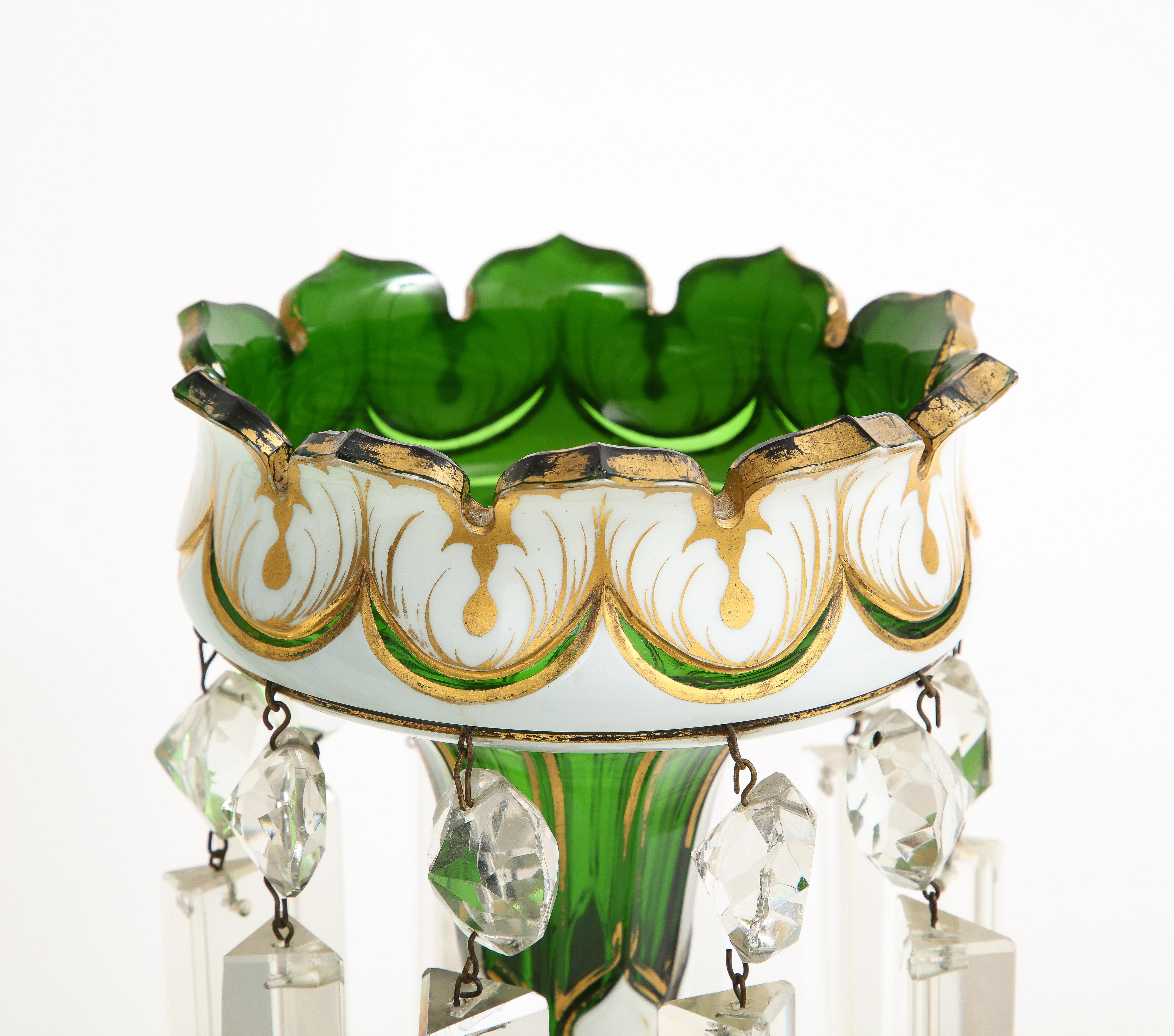 Pair French Attr. Baccarat Double Overlay White to Green Cut Crystal Lusters For Sale 5