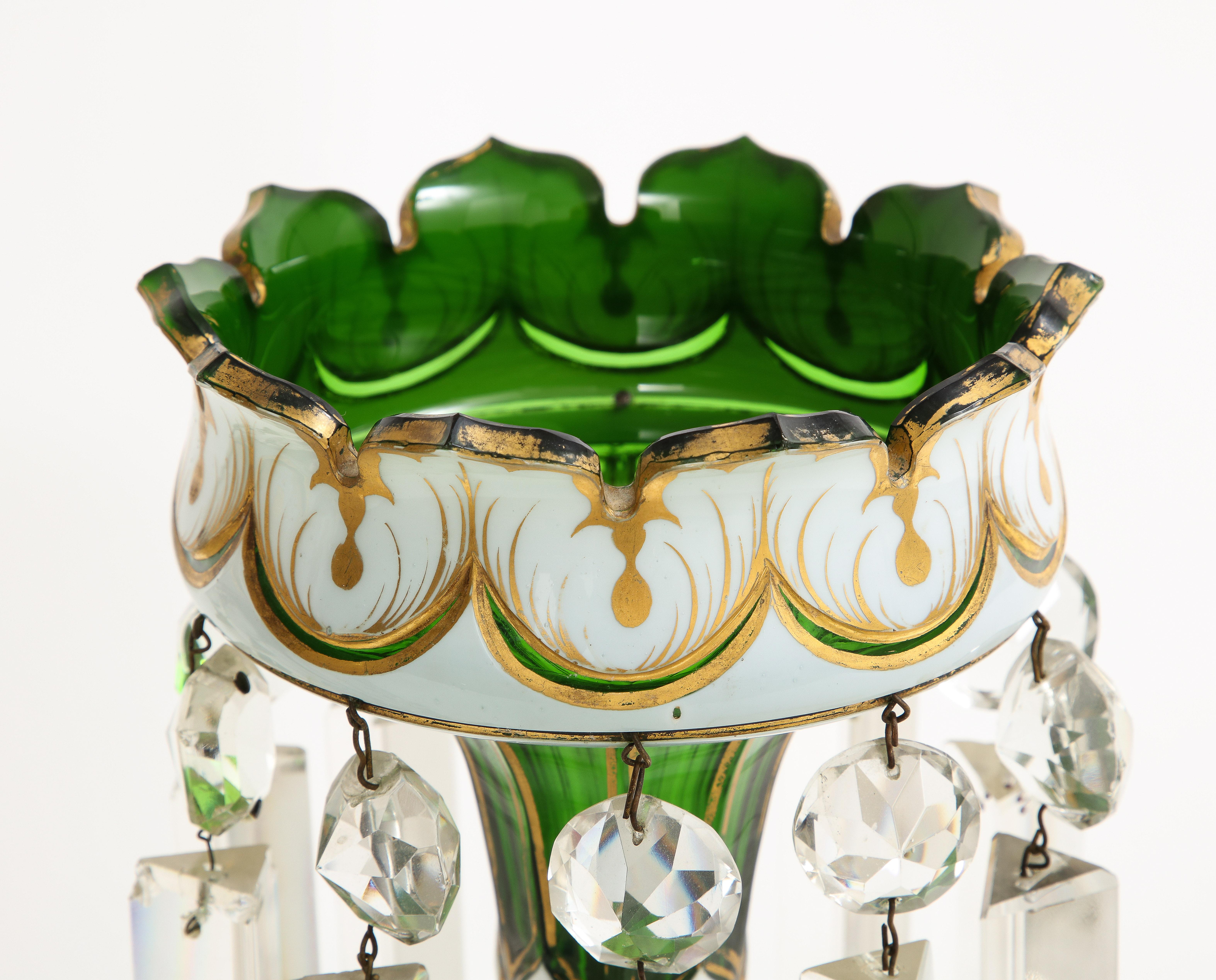 Pair French Attr. Baccarat Double Overlay White to Green Cut Crystal Lusters For Sale 6
