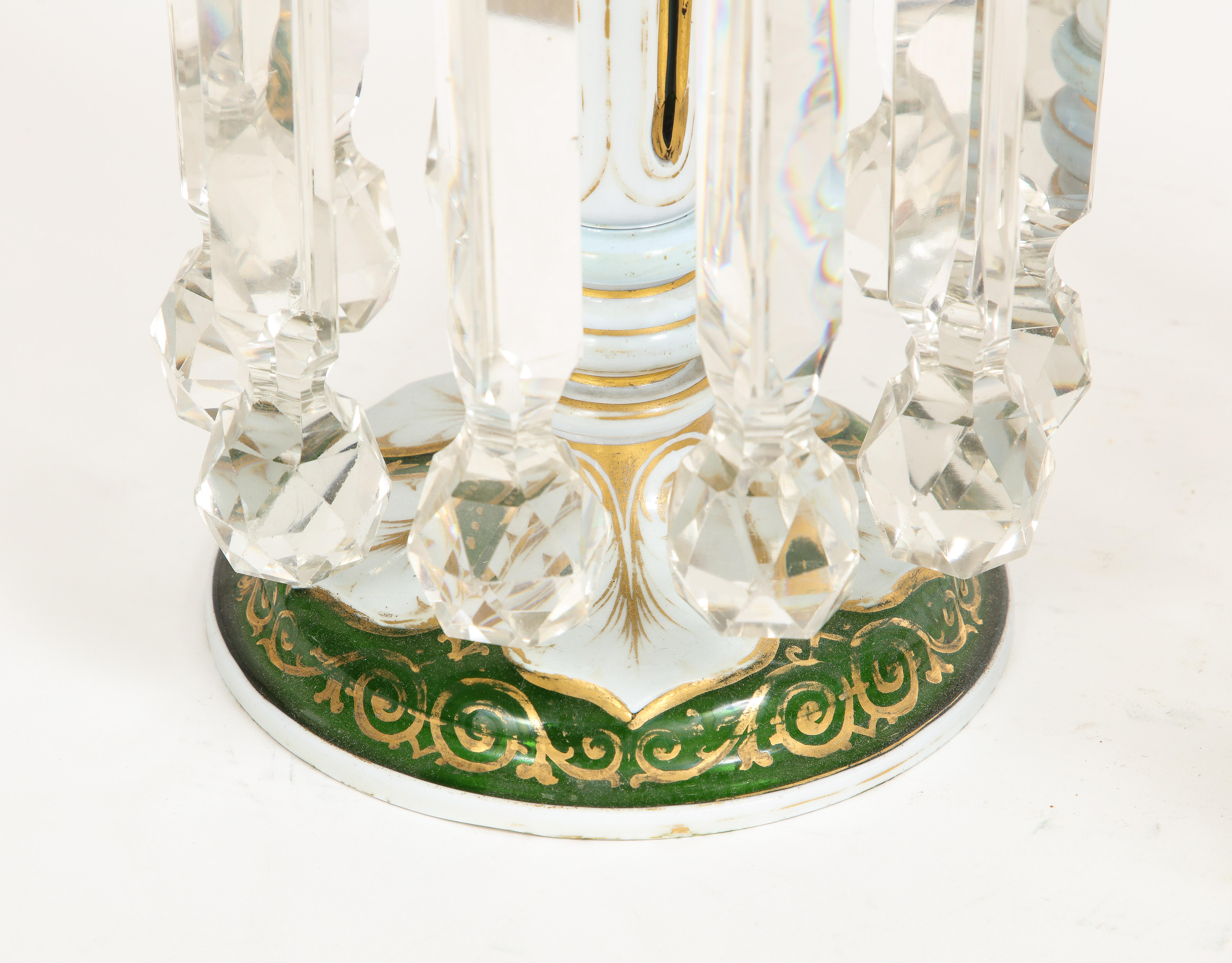 Pair French Attr. Baccarat Double Overlay White to Green Cut Crystal Lusters For Sale 10