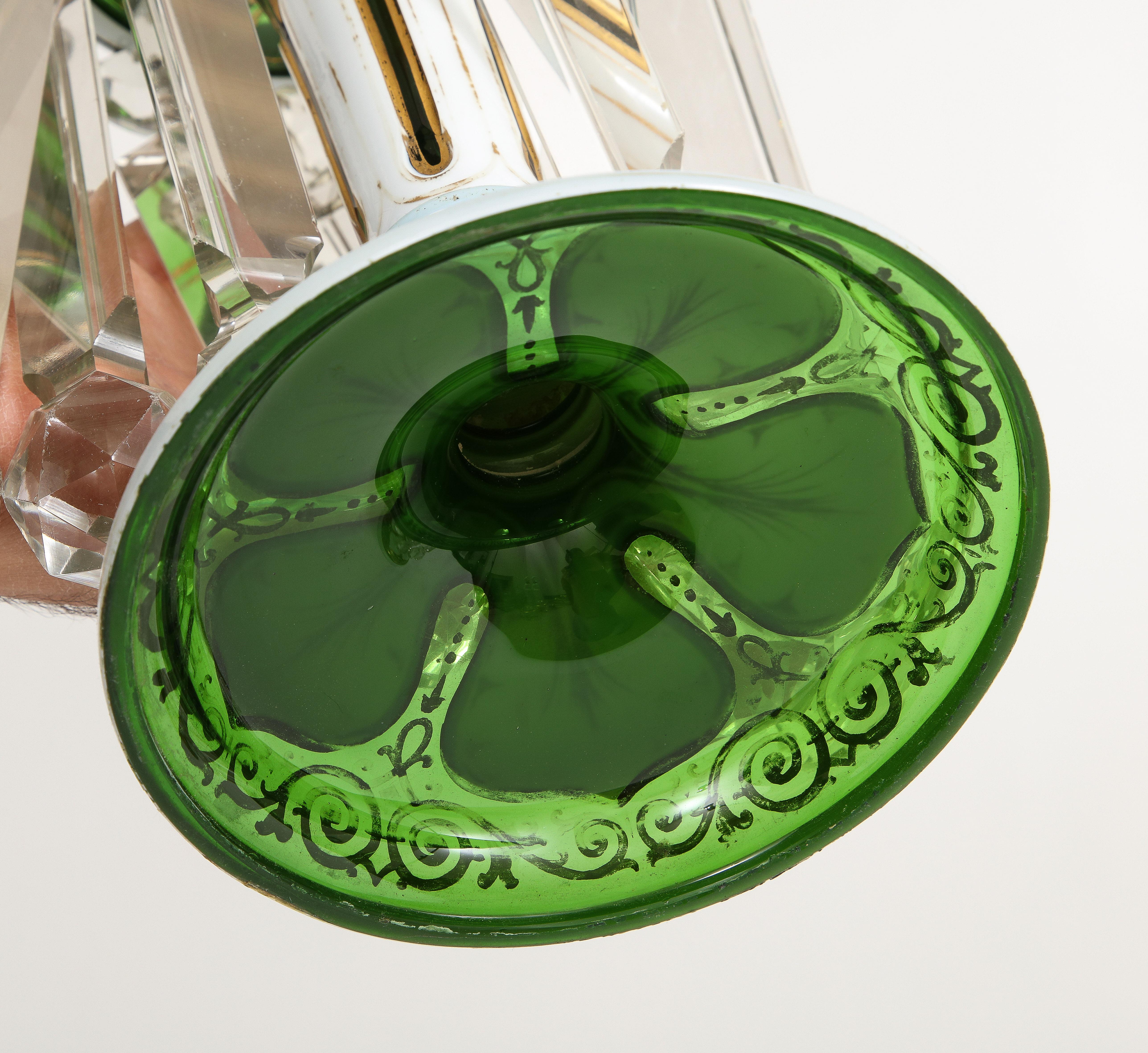 Pr  Französisch Attr. Baccarat Double Overlay Weiß-Grün-Schliff  Kristall-Lüster  im Angebot 12