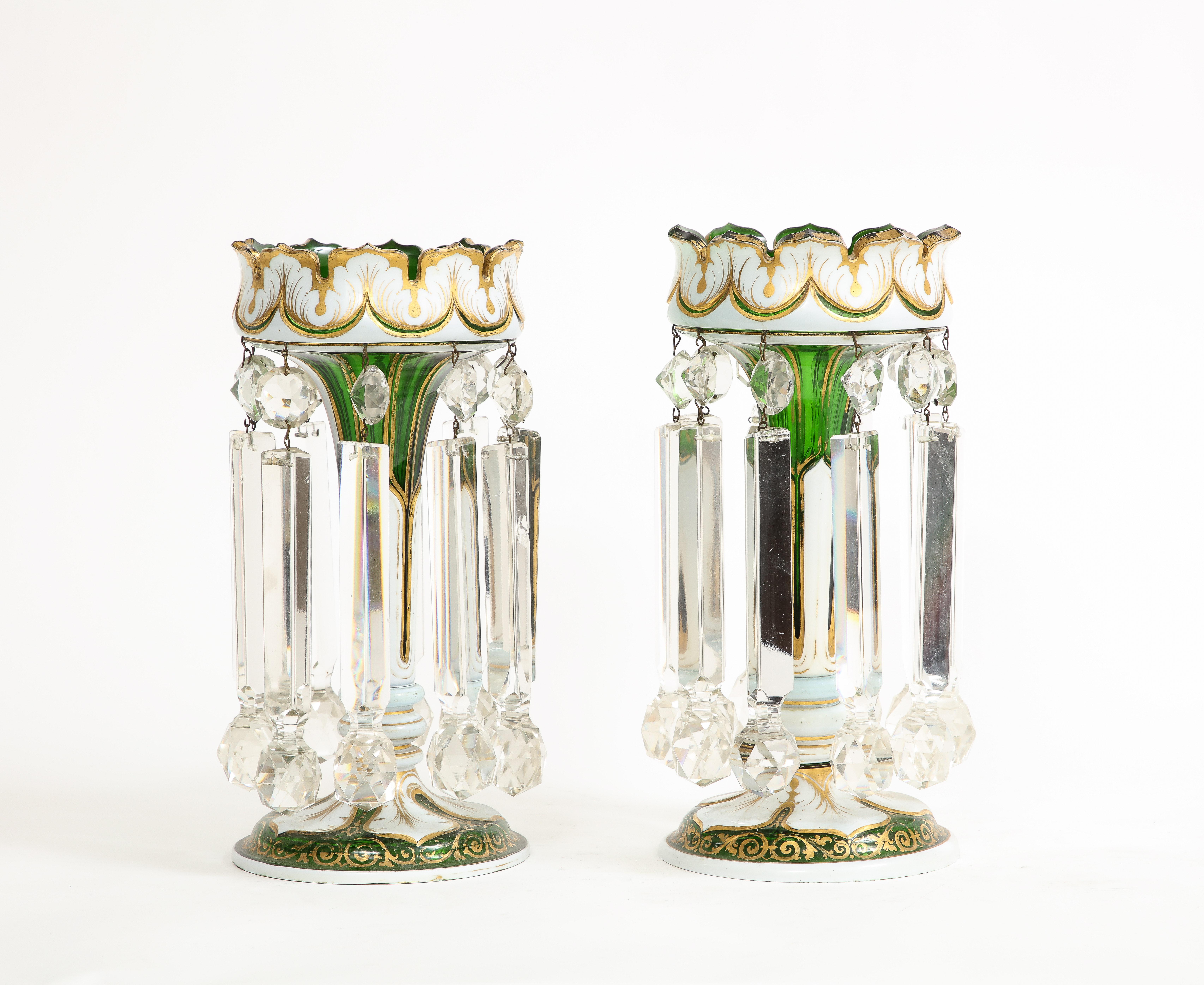 Louis XVI Pair French Attr. Baccarat Double Overlay White to Green Cut Crystal Lusters For Sale