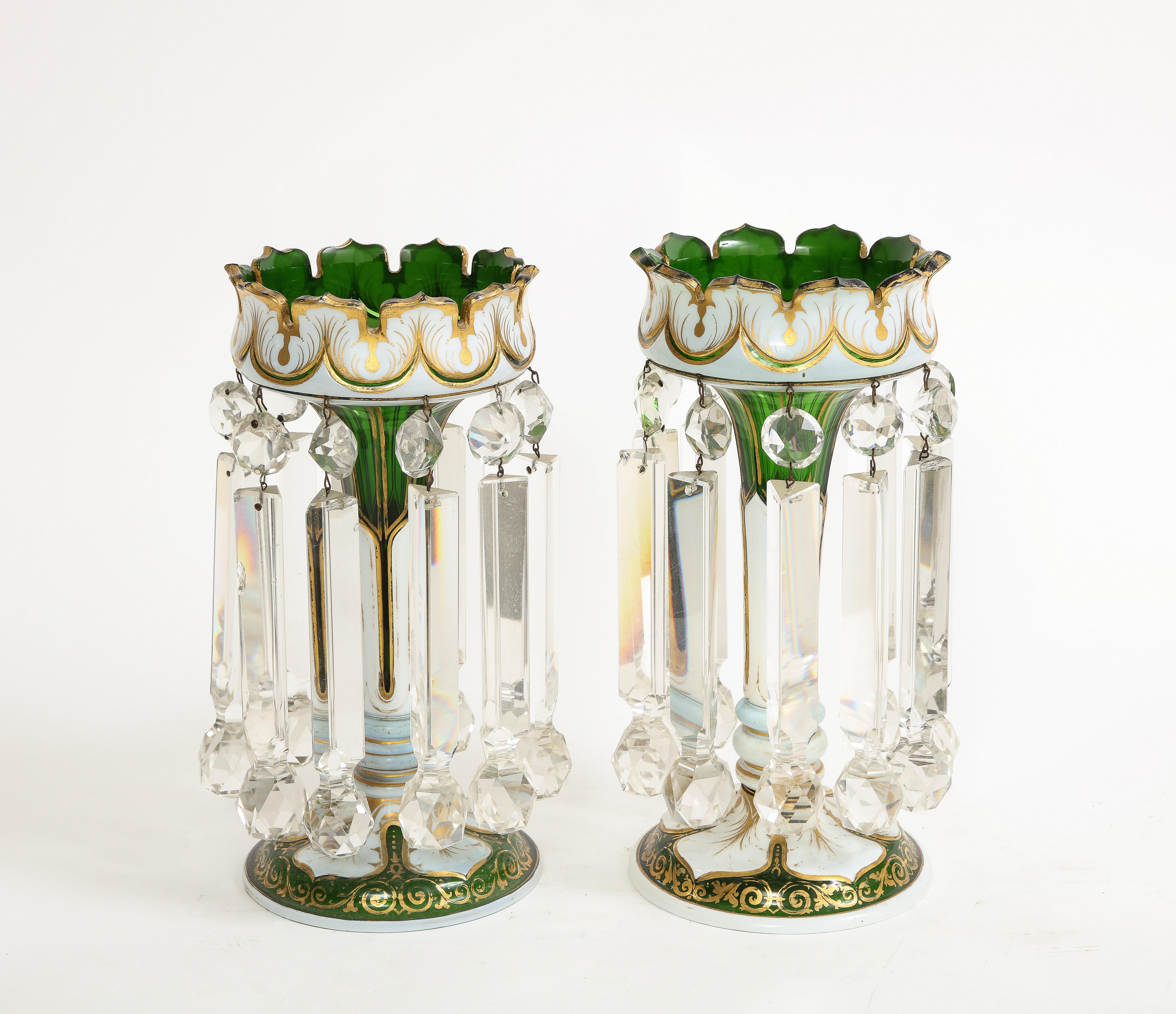 Hand-Carved Pair French Attr. Baccarat Double Overlay White to Green Cut Crystal Lusters For Sale