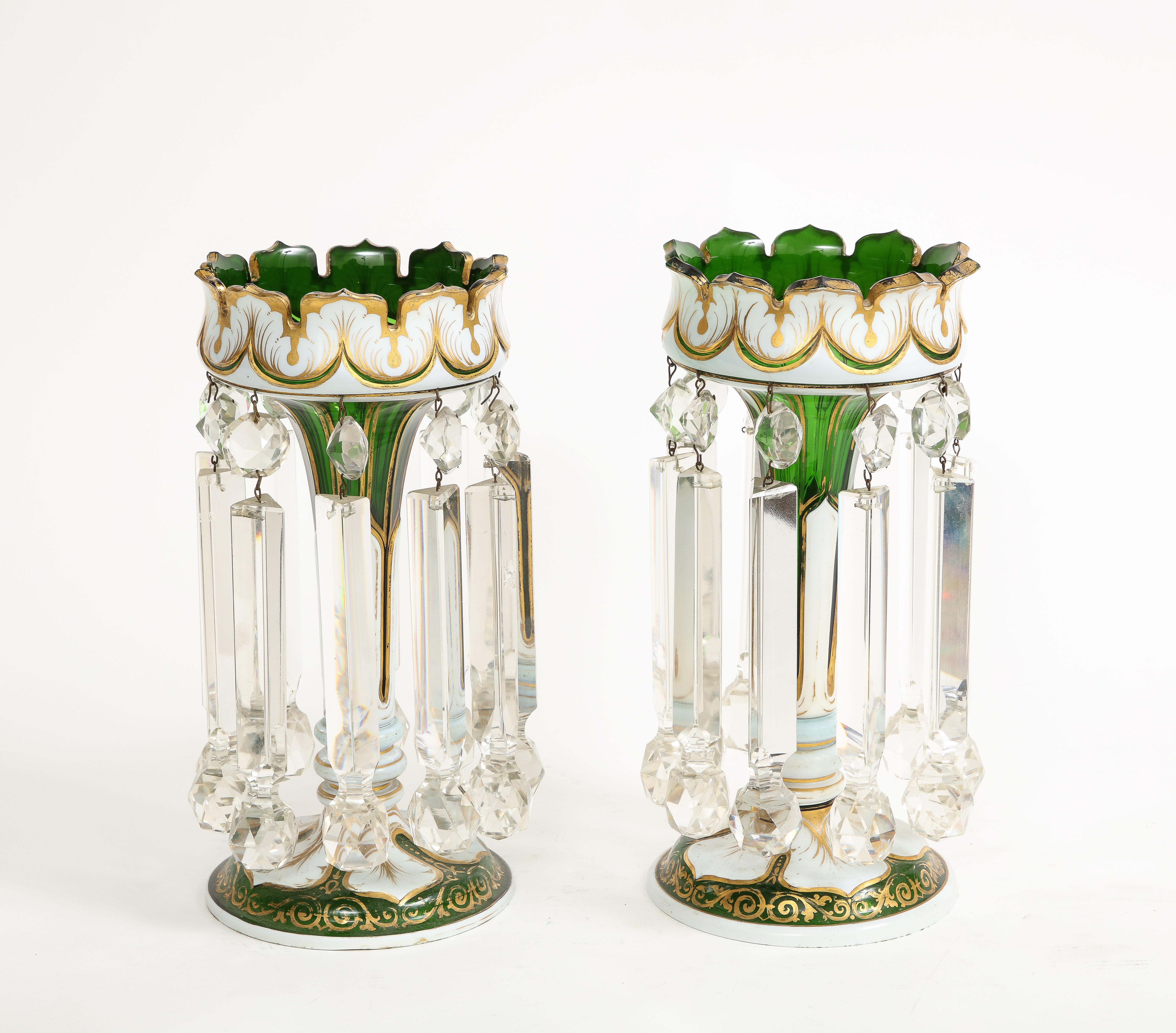 Pair French Attr. Baccarat Double Overlay White to Green Cut Crystal Lusters In Good Condition For Sale In New York, NY