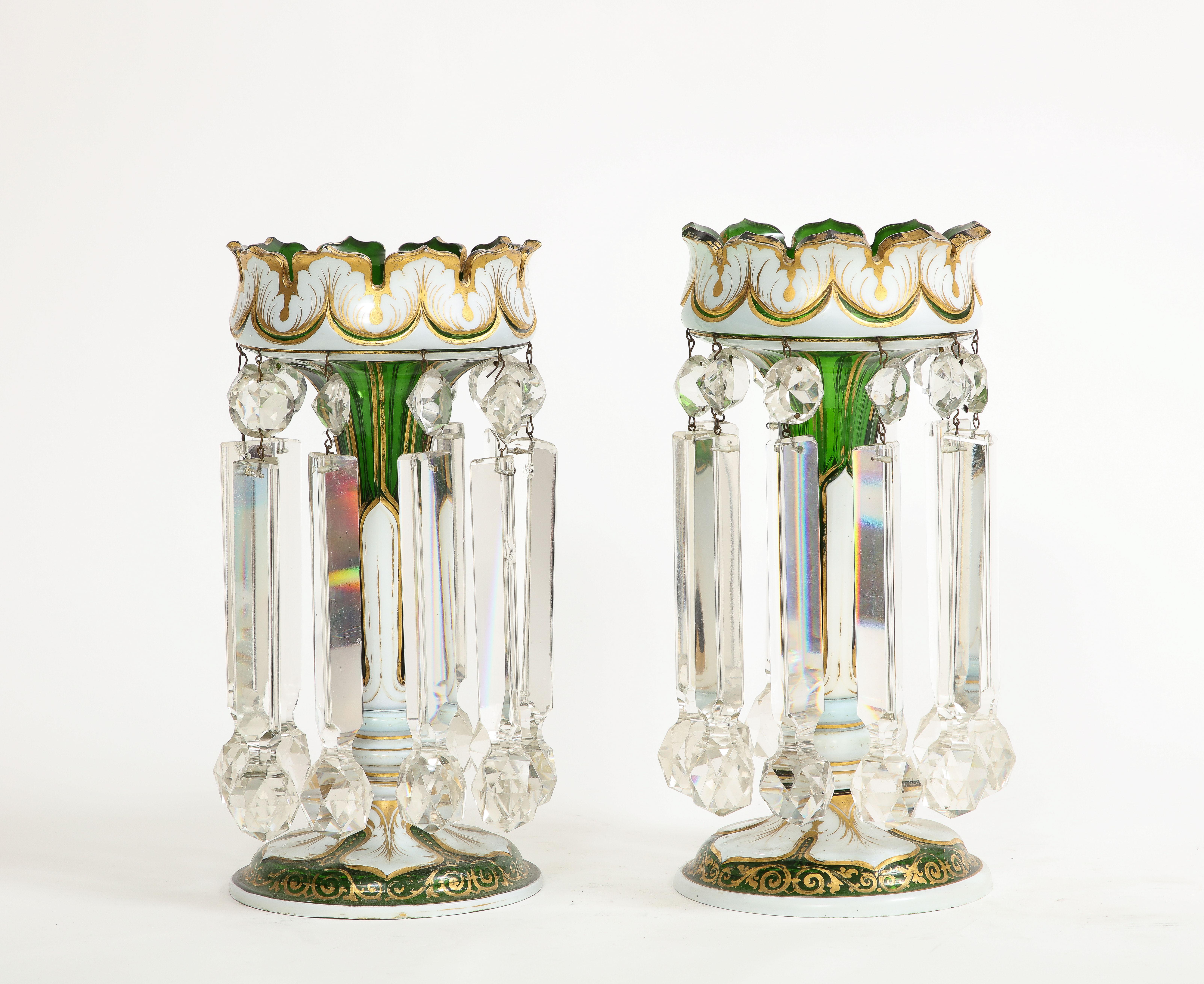 19th Century Pair French Attr. Baccarat Double Overlay White to Green Cut Crystal Lusters For Sale