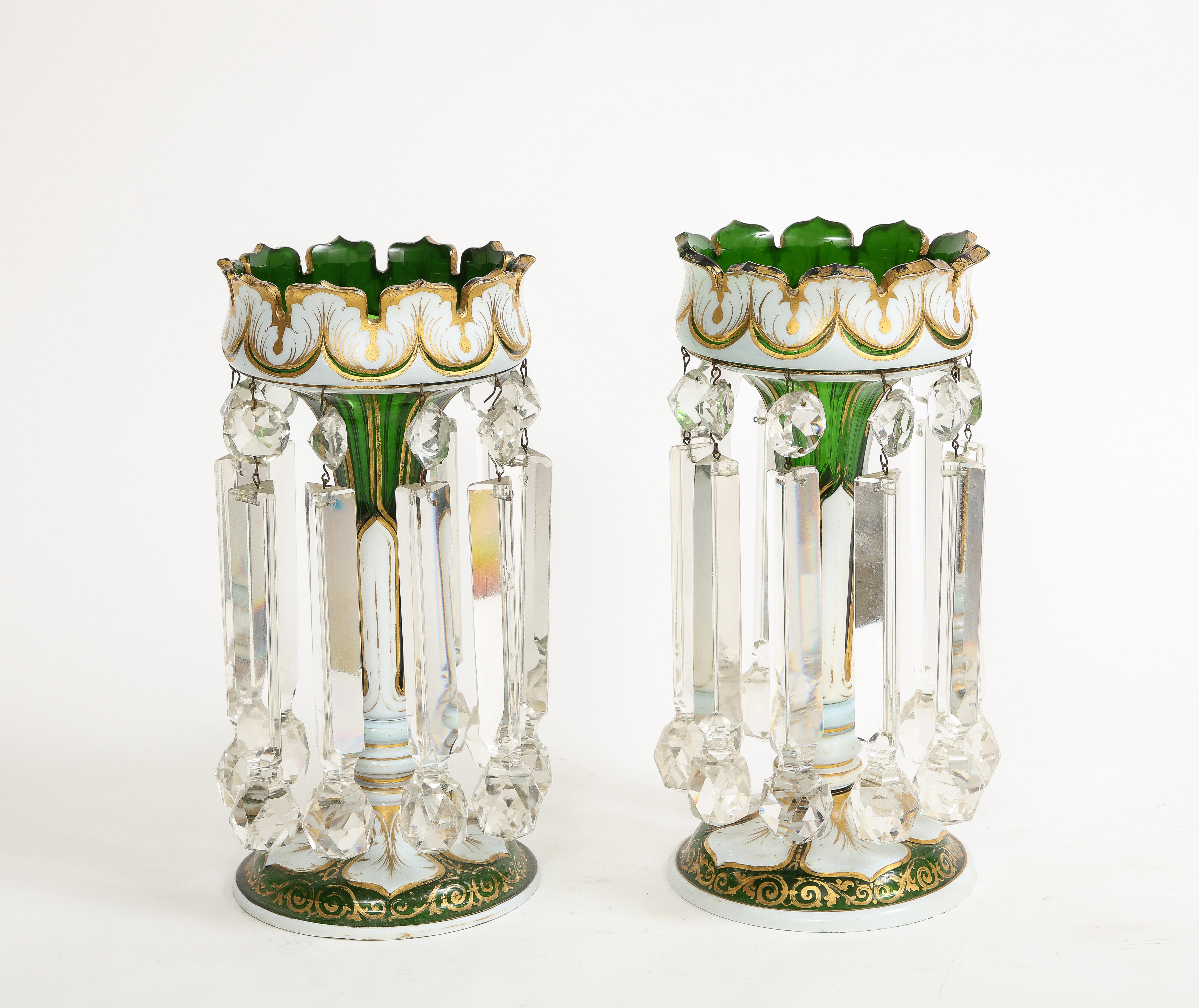 Pair French Attr. Baccarat Double Overlay White to Green Cut Crystal Lusters For Sale 1