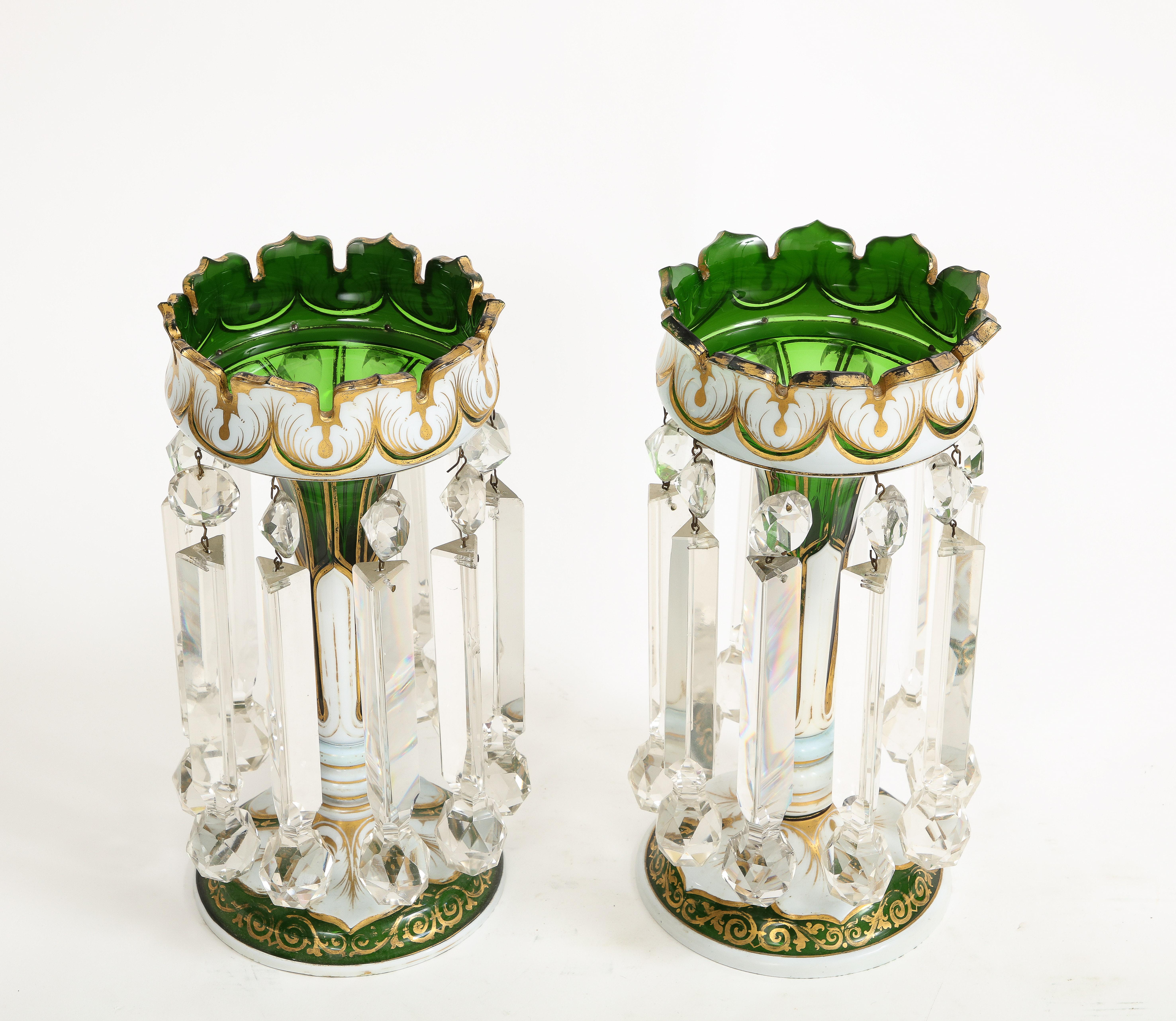 Pair French Attr. Baccarat Double Overlay White to Green Cut Crystal Lusters For Sale 2